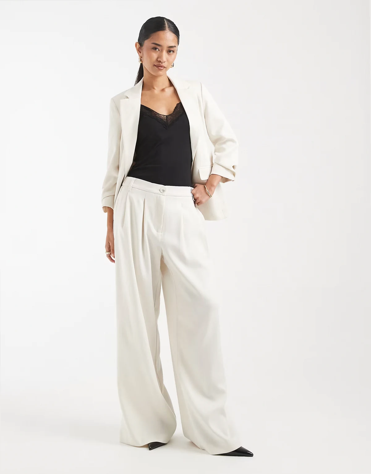 pleated front wide leg tailored pants in birch - part of a set