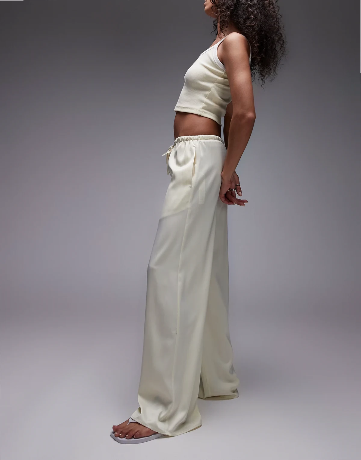 satin tie waist wide leg pants in buttermilk