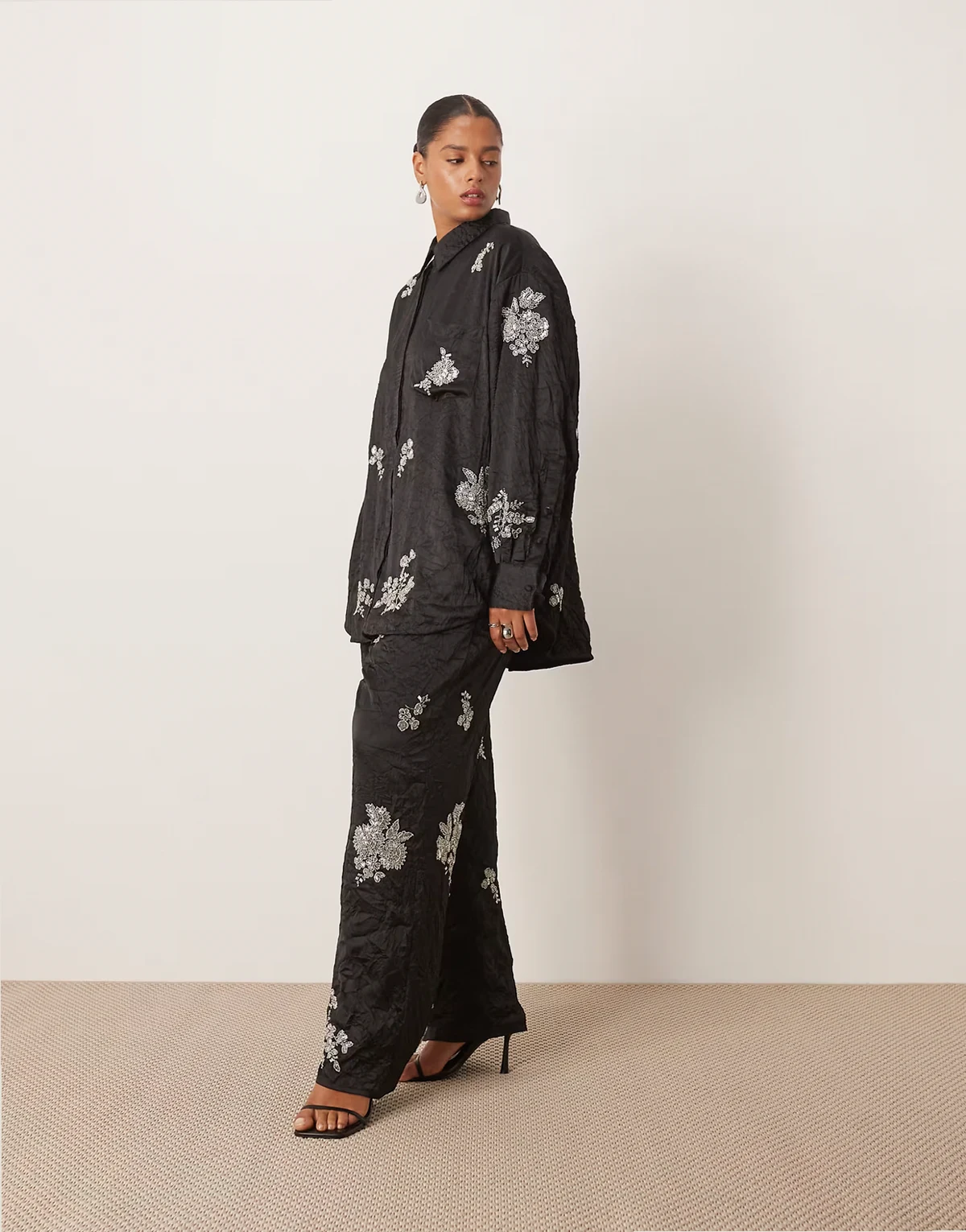 Curve crinkle satin floral embellished pants in black - part of a set