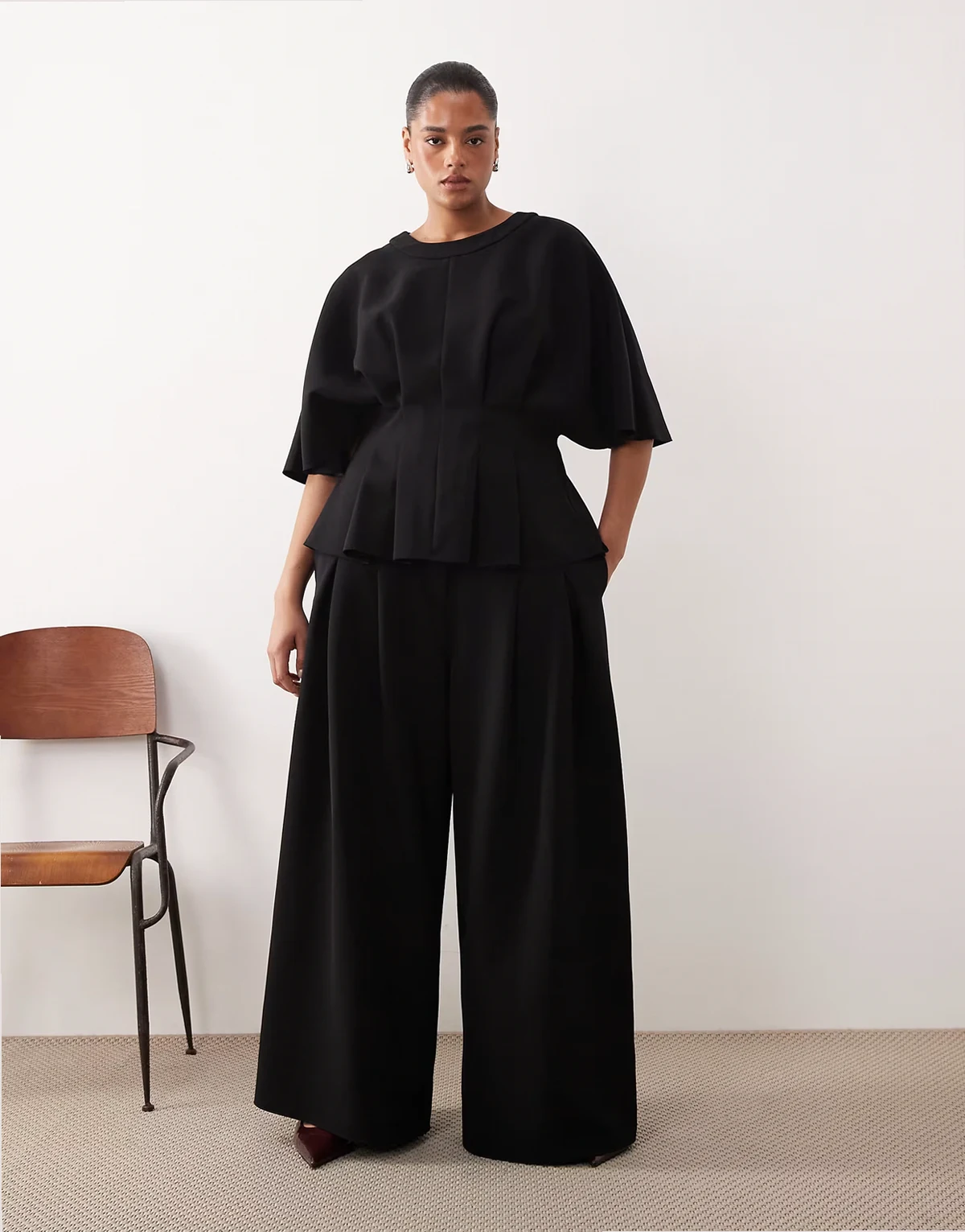 Curve pleated waist tailored wide leg pants in black - part of a set
