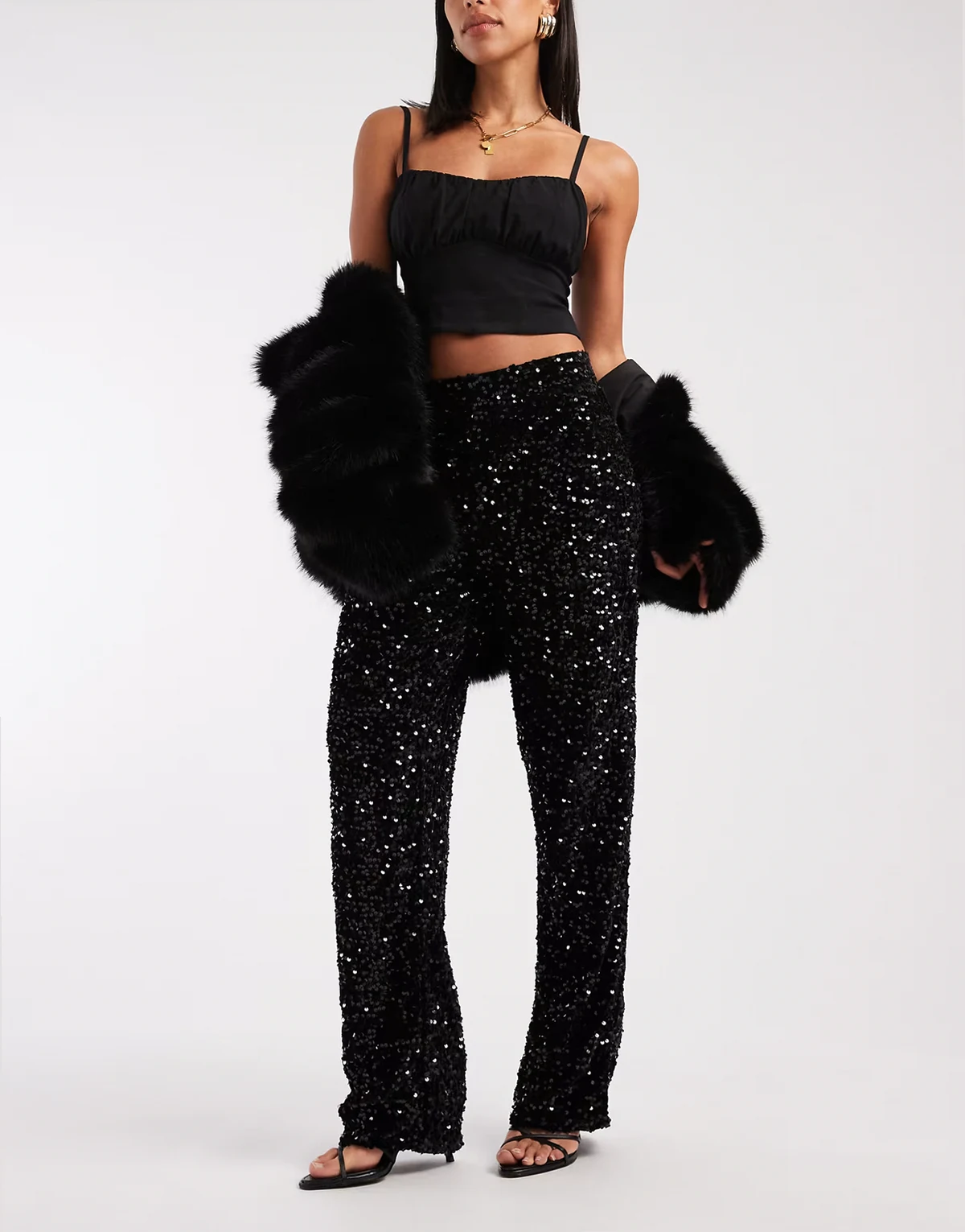 wide leg velour sequin pants in black