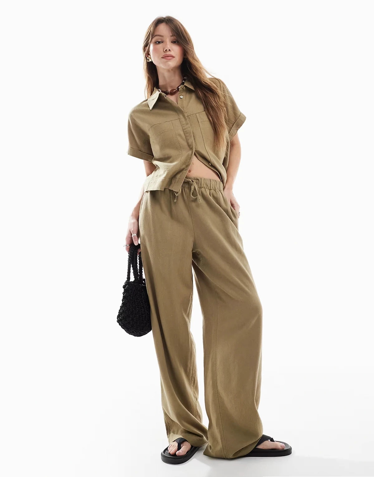 – Schlupfhose aus Leinenmix in Hellkhaki, Kombiteil