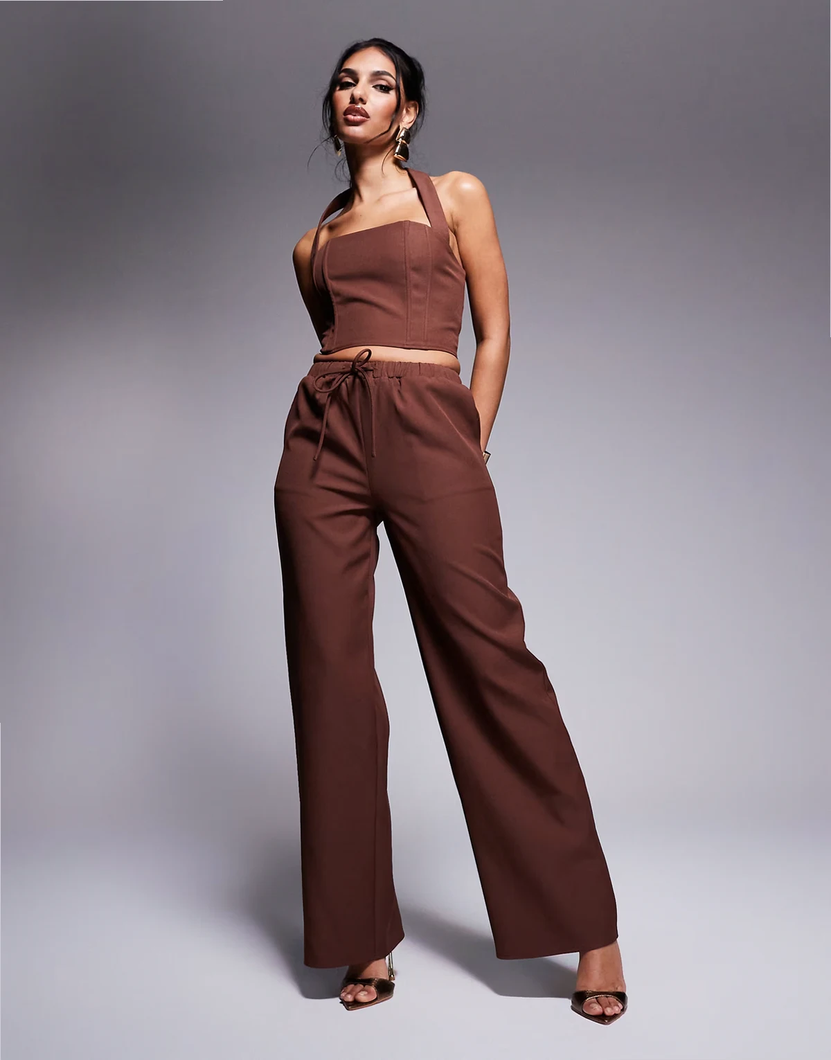 exclusive drawstring waist wide leg pants in chocolate - part of a set