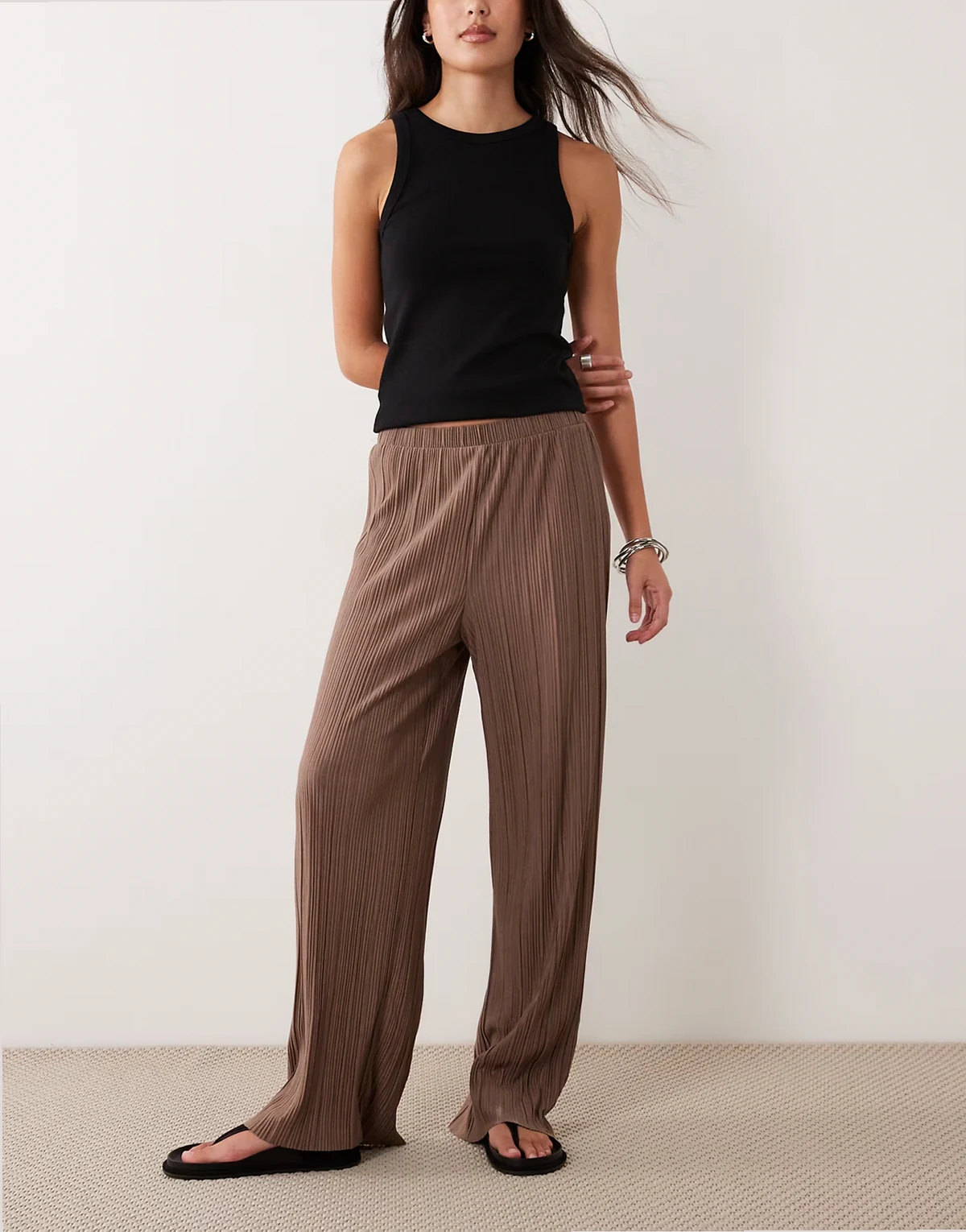 wide leg plisse pants in brown - part of a set