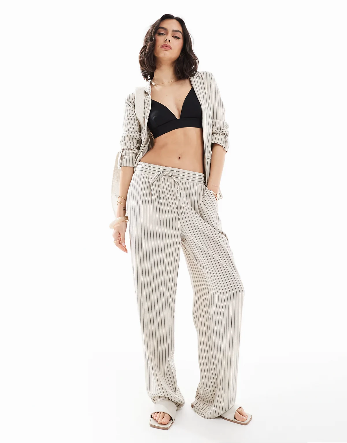 mix and match linen touch wide leg pants in cream stripe - part of a set