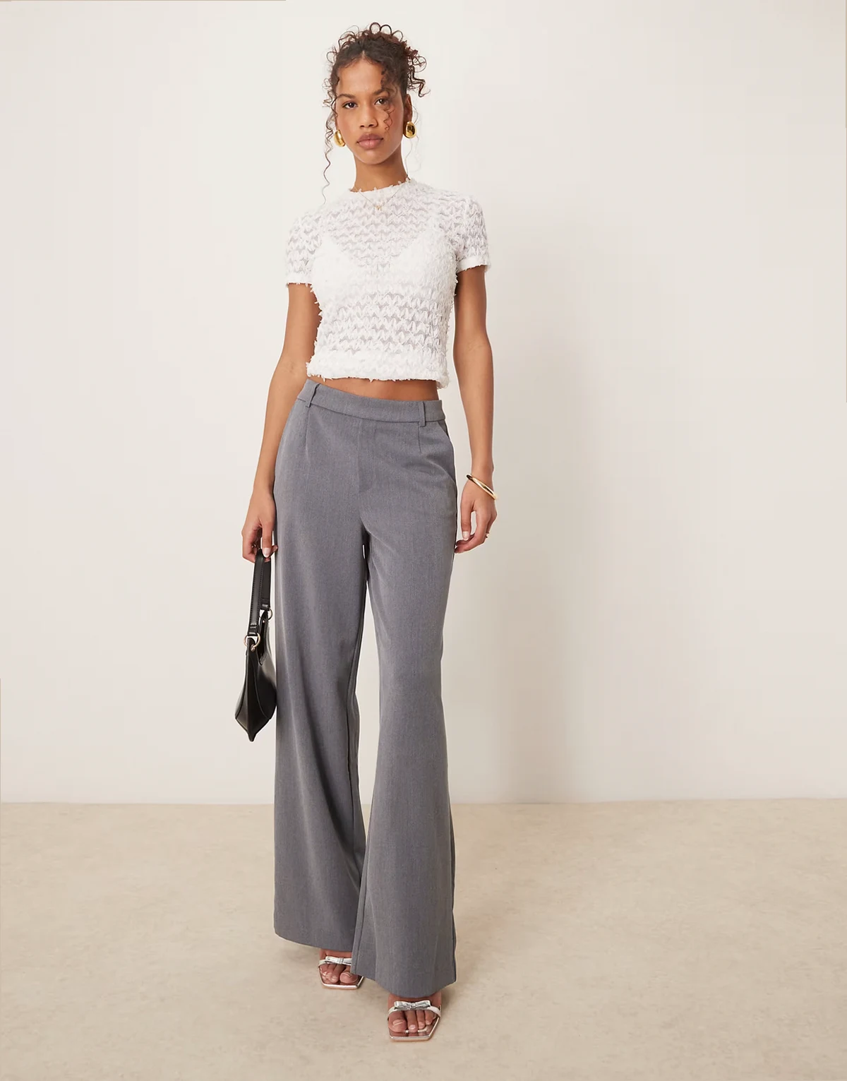 mix & match high waist wide leg pants in medium gray melange