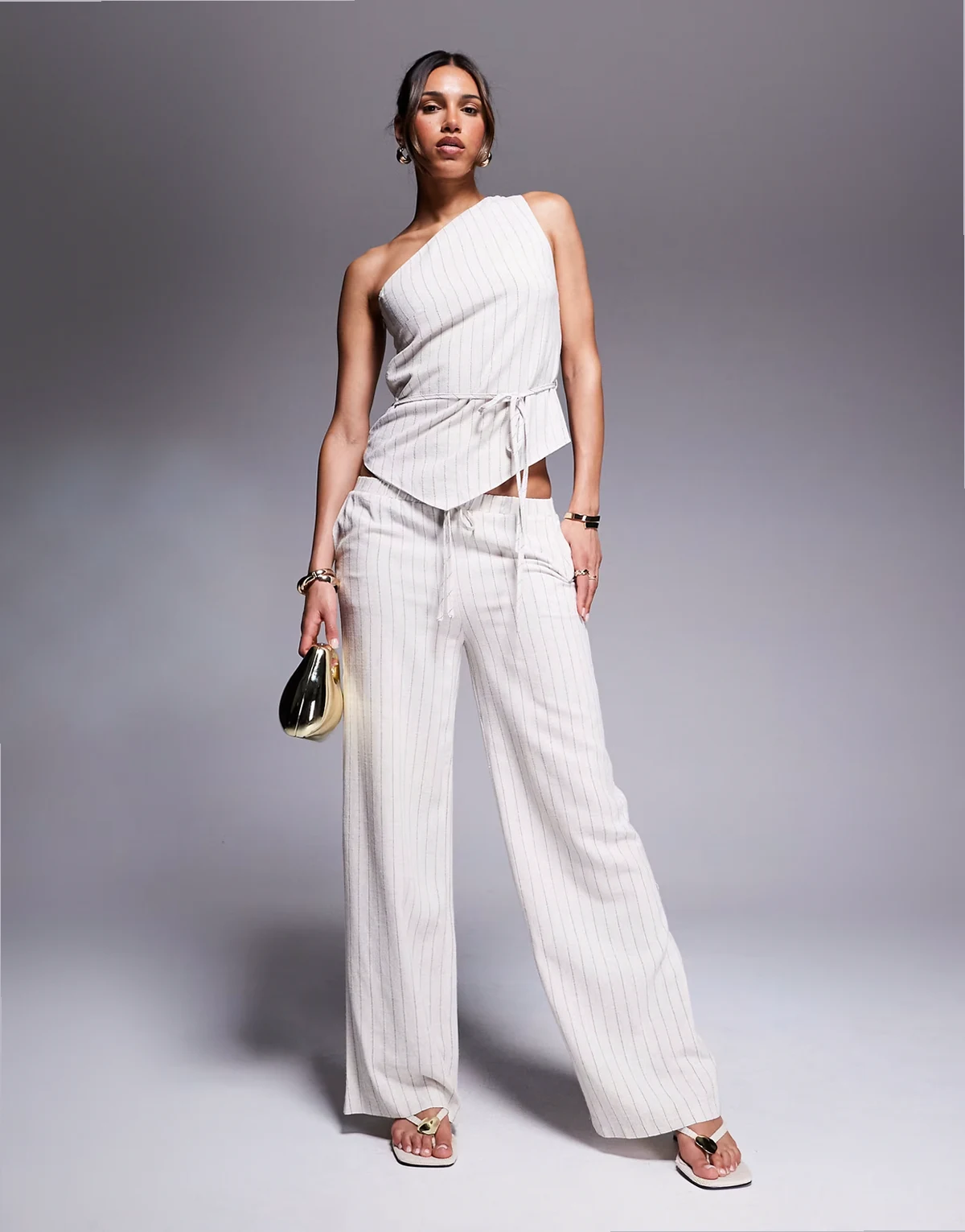 exclusive linen look wide leg pants in beige pinstripes - part of a set