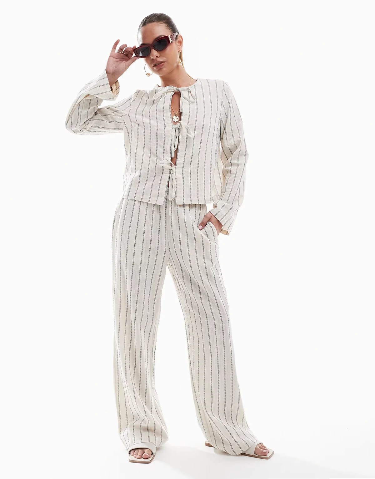 linen touch high waist wide leg pants in birch cream and blue stripe - part of a set