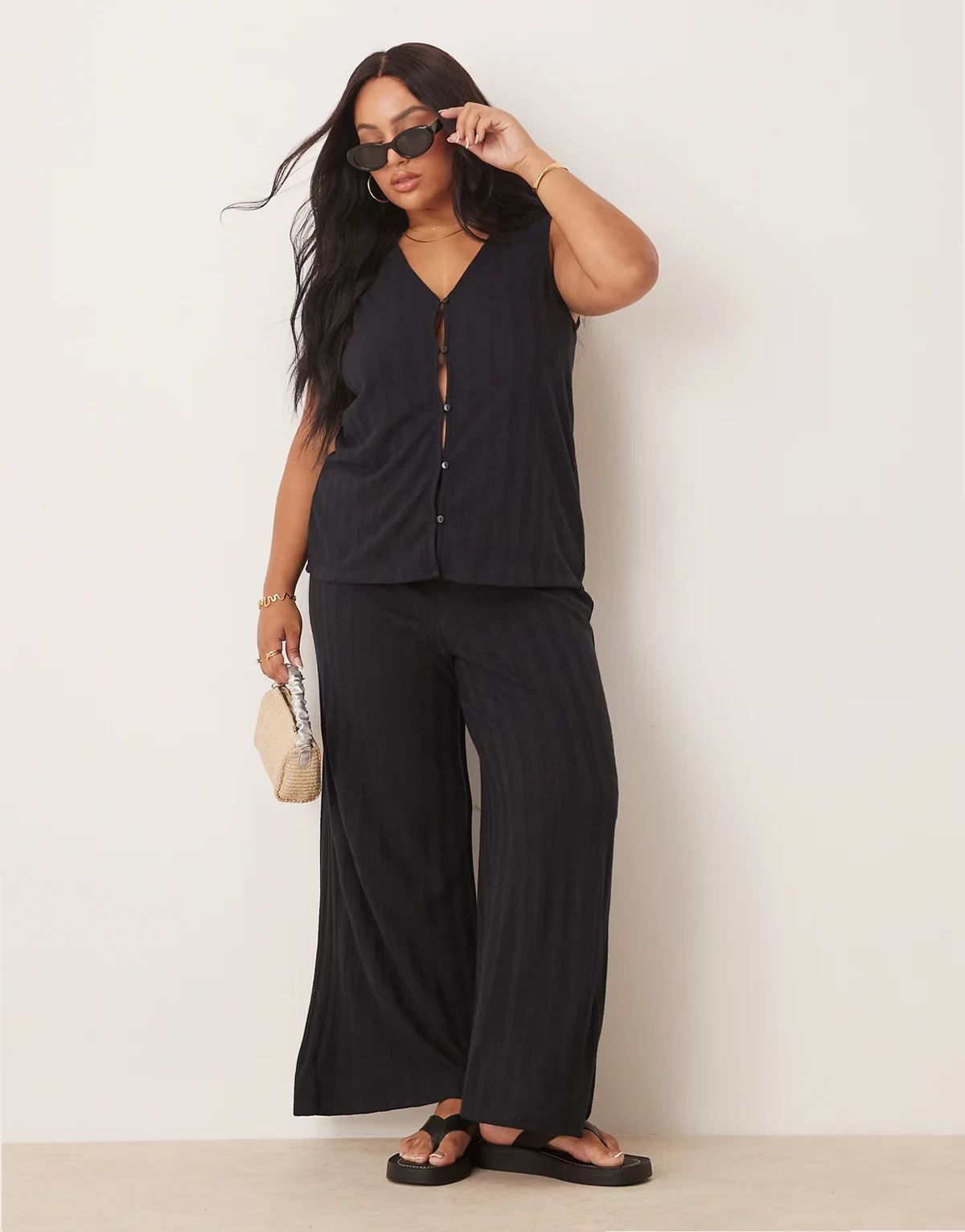 lightweight knitted wide leg pants in black - part of a set