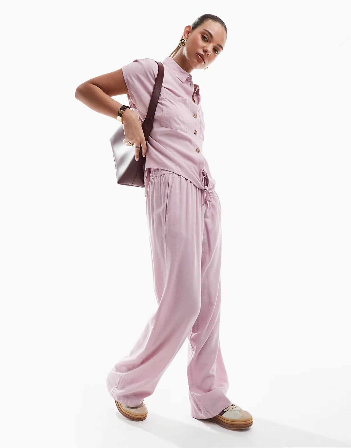 wide leg linen mix pants in pink - part of a set