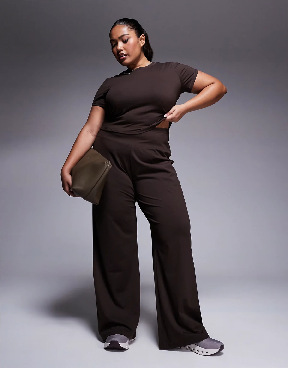 Curve Icon soft touch high rise wide leg dance pants in chocolate