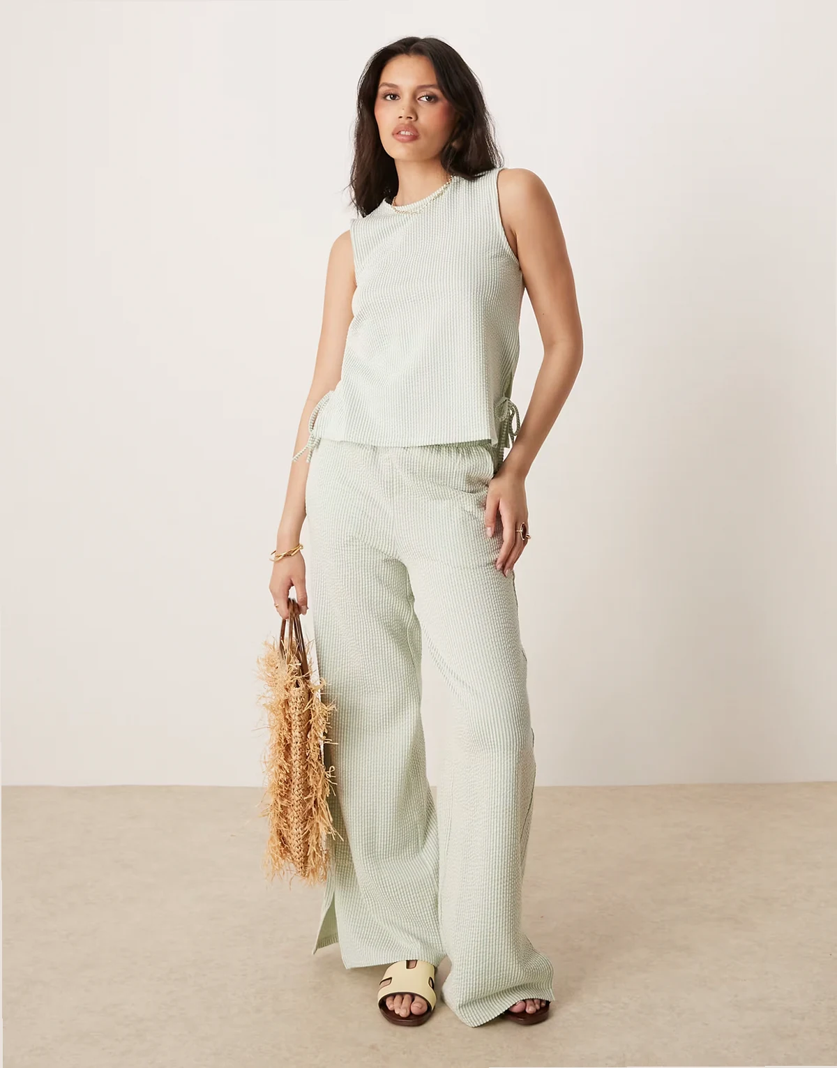 textured stripe wide leg pants in green and cream - part of a set