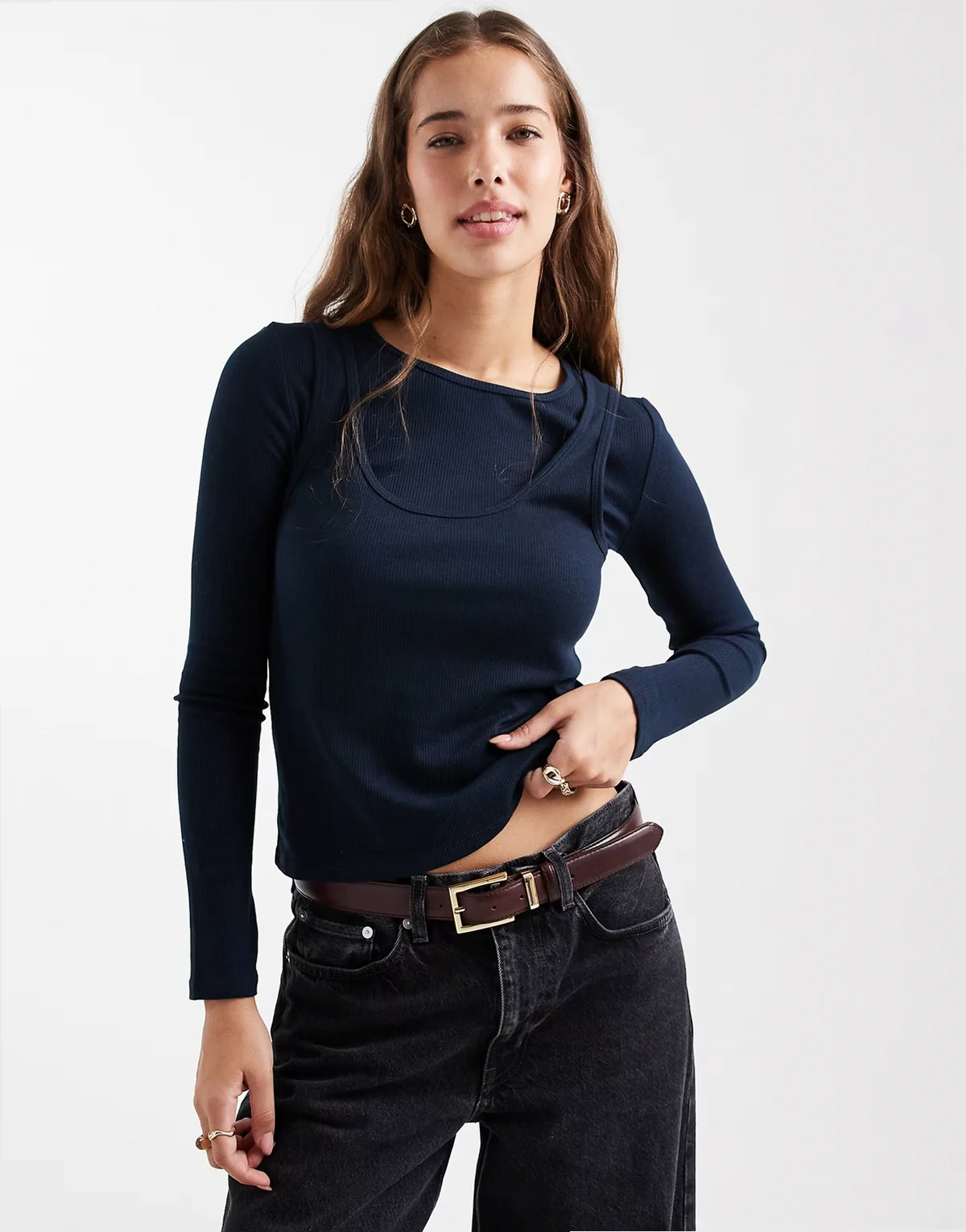 Teen 2 in 1 long sleeve top in navy