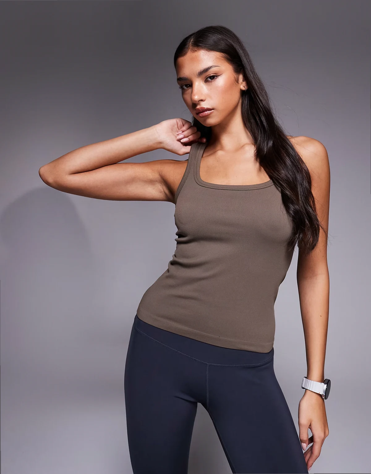 seamless rib knit scoop neck racer back active tank top in morel