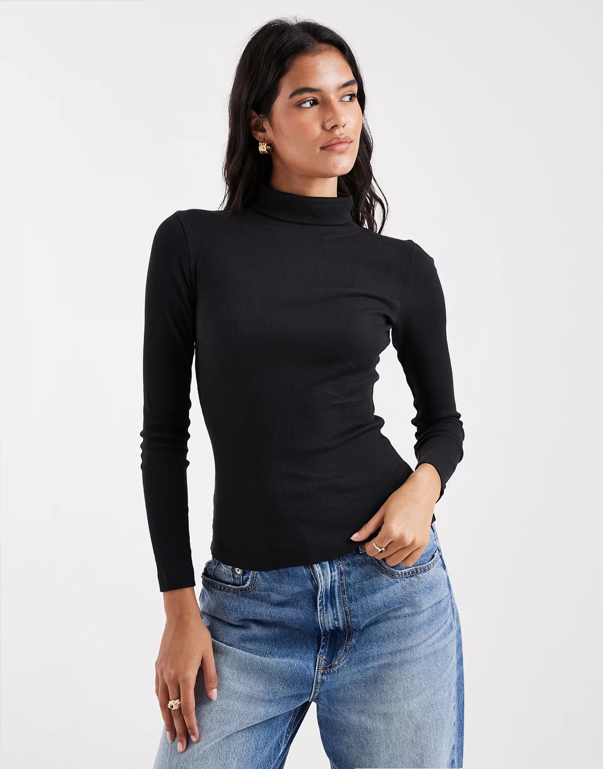 long sleeve ribbed rollneck top in black