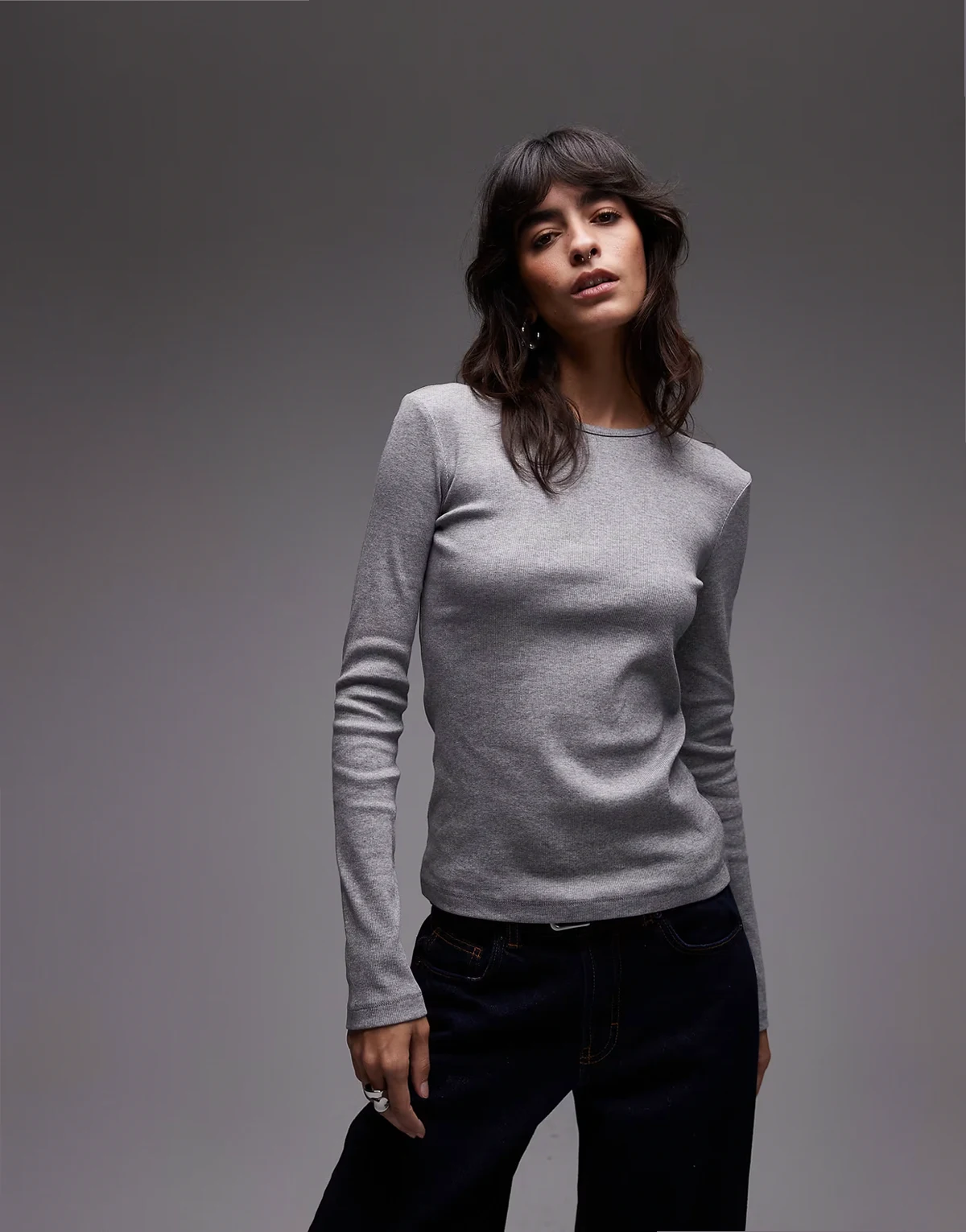 soft jersey ribbed long sleeve top in heather gray