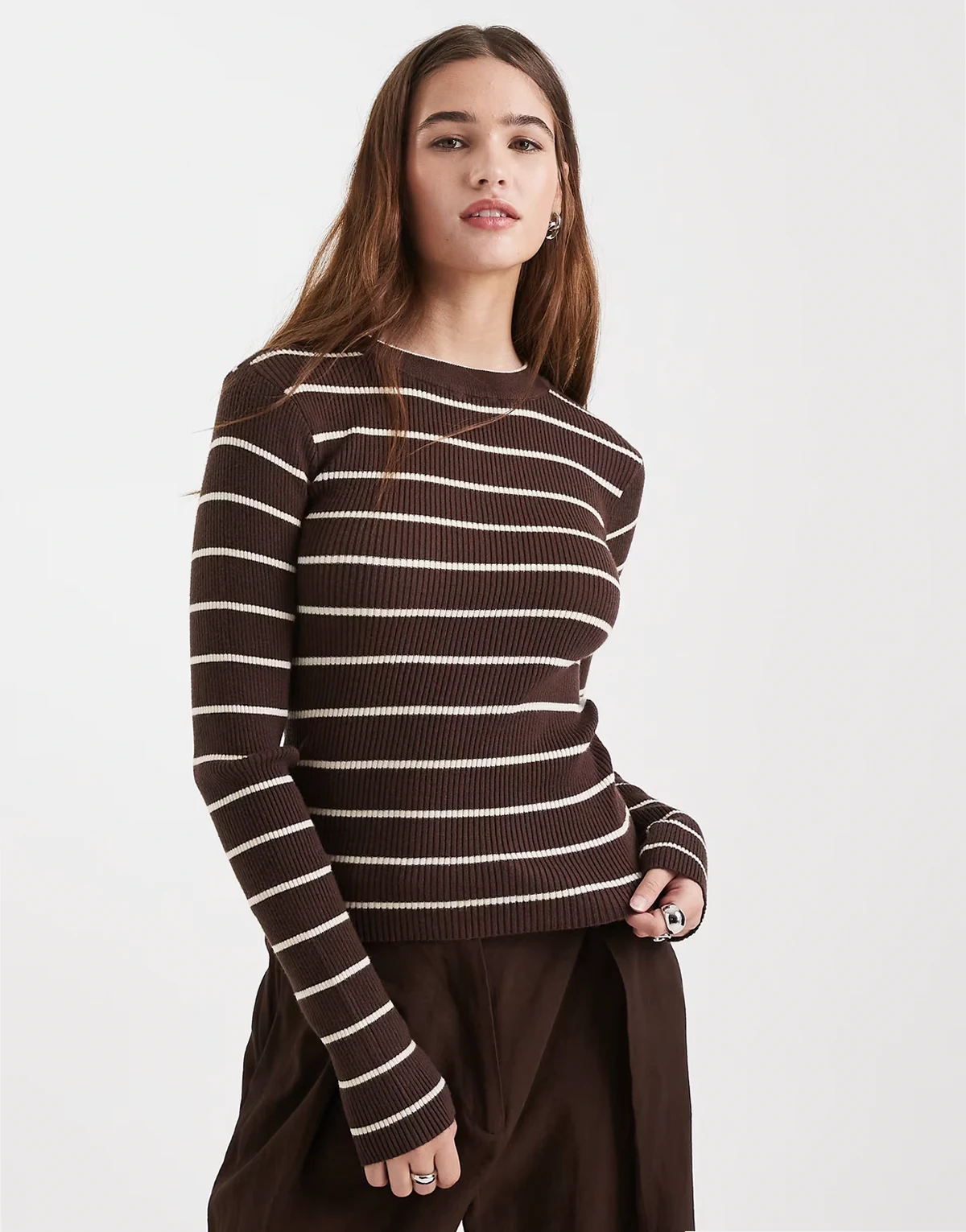 long sleeve top in brown and cream stripes
