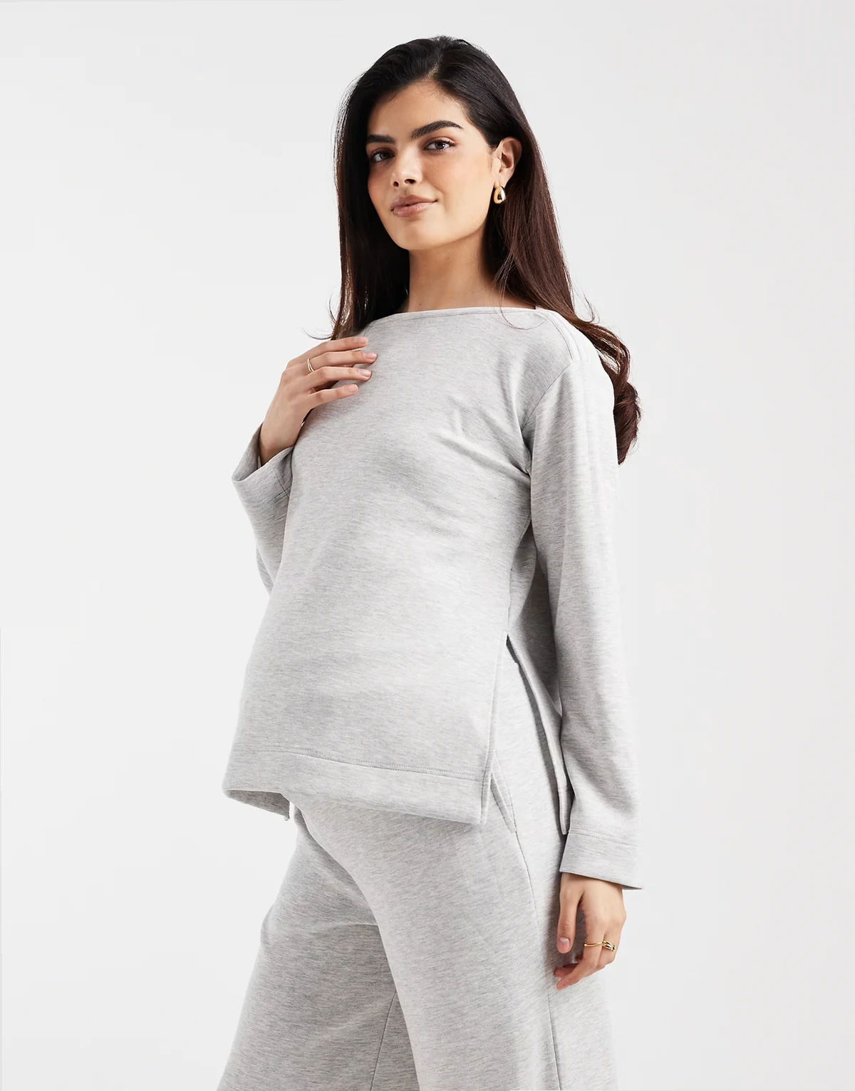 boat neck long sleeve top in light gray - part of a set