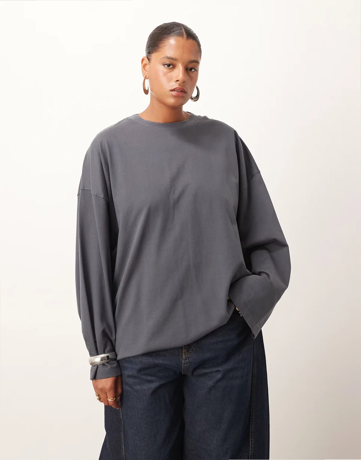 Curve cotton oversized long sleeve t-shirt in charcoal