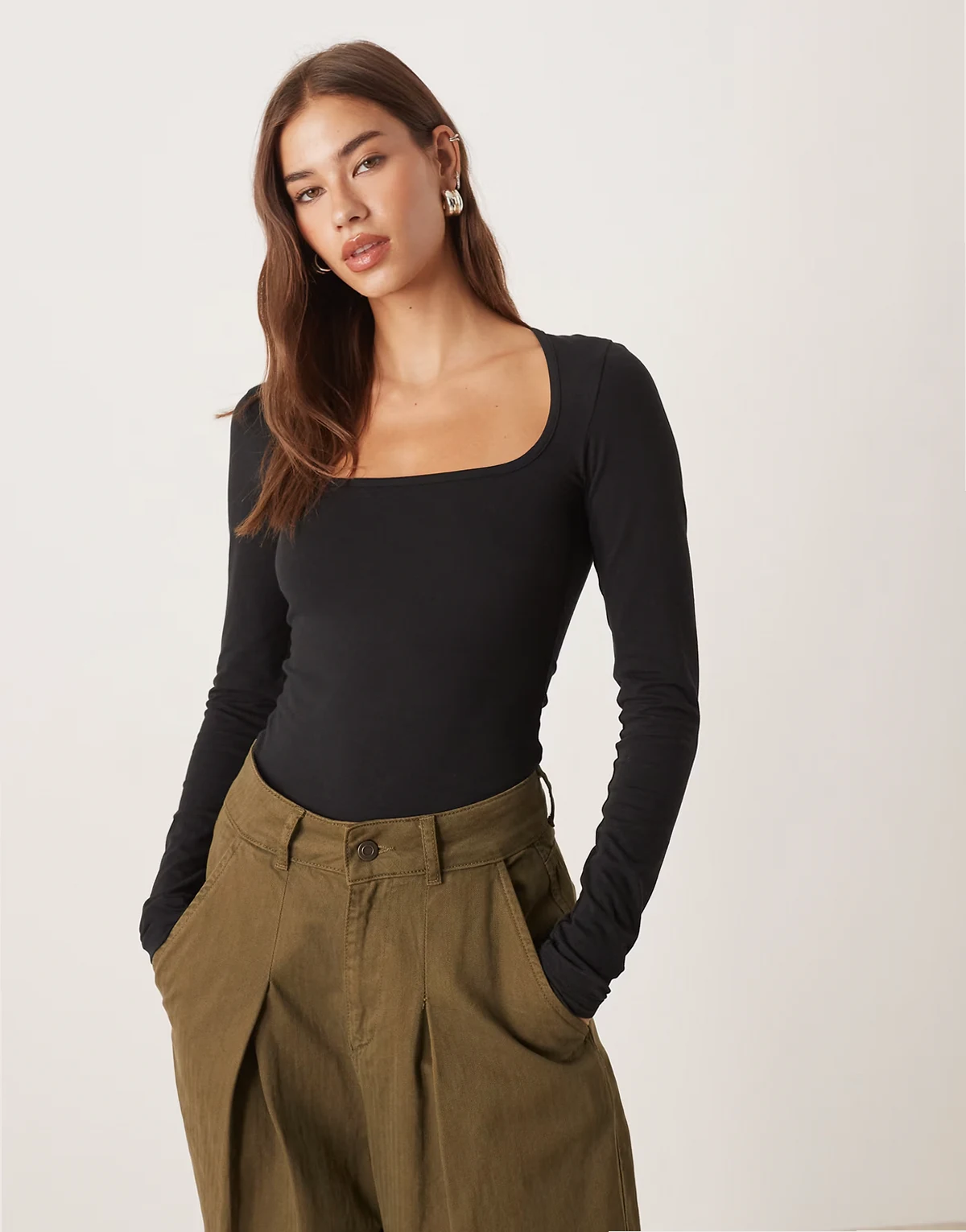 square neck long sleeve top in black