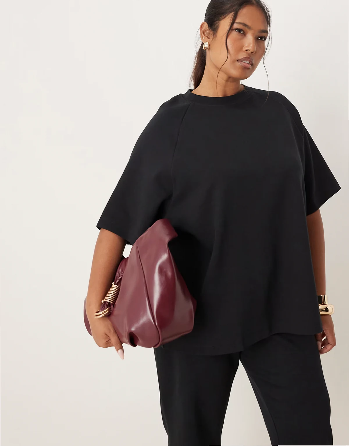 ASOS DESIGN Curve – Czarny T-shirt z raglanowymi rękawami i szwami interlock, część zestawu