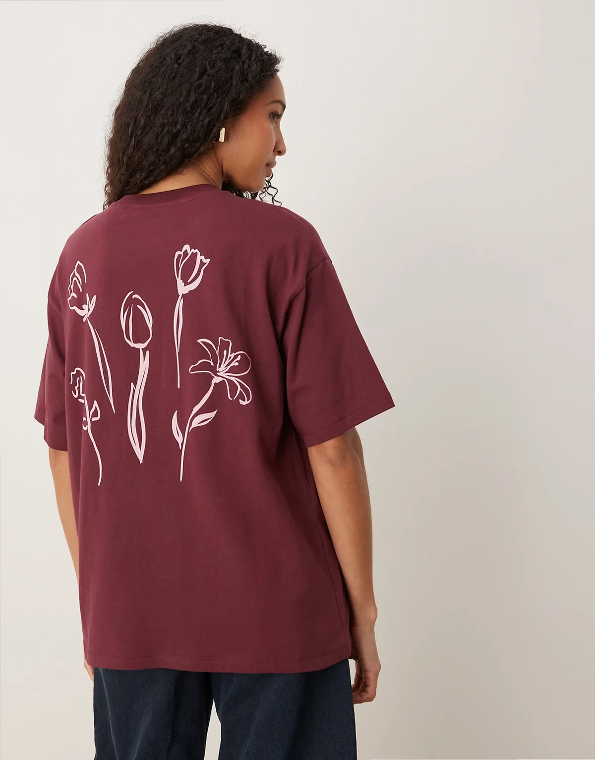 oversized T-shirt with floral back graphic in burgundy
