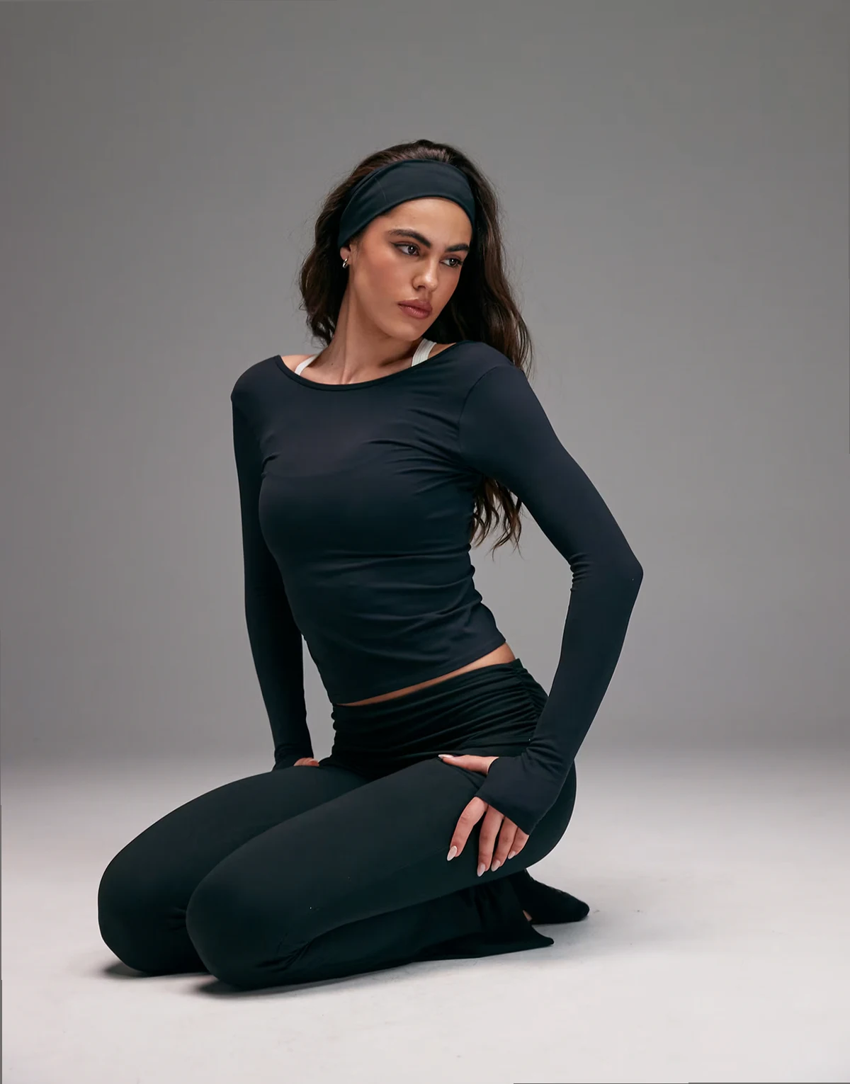plush feel scoop back long sleeve layering top in black