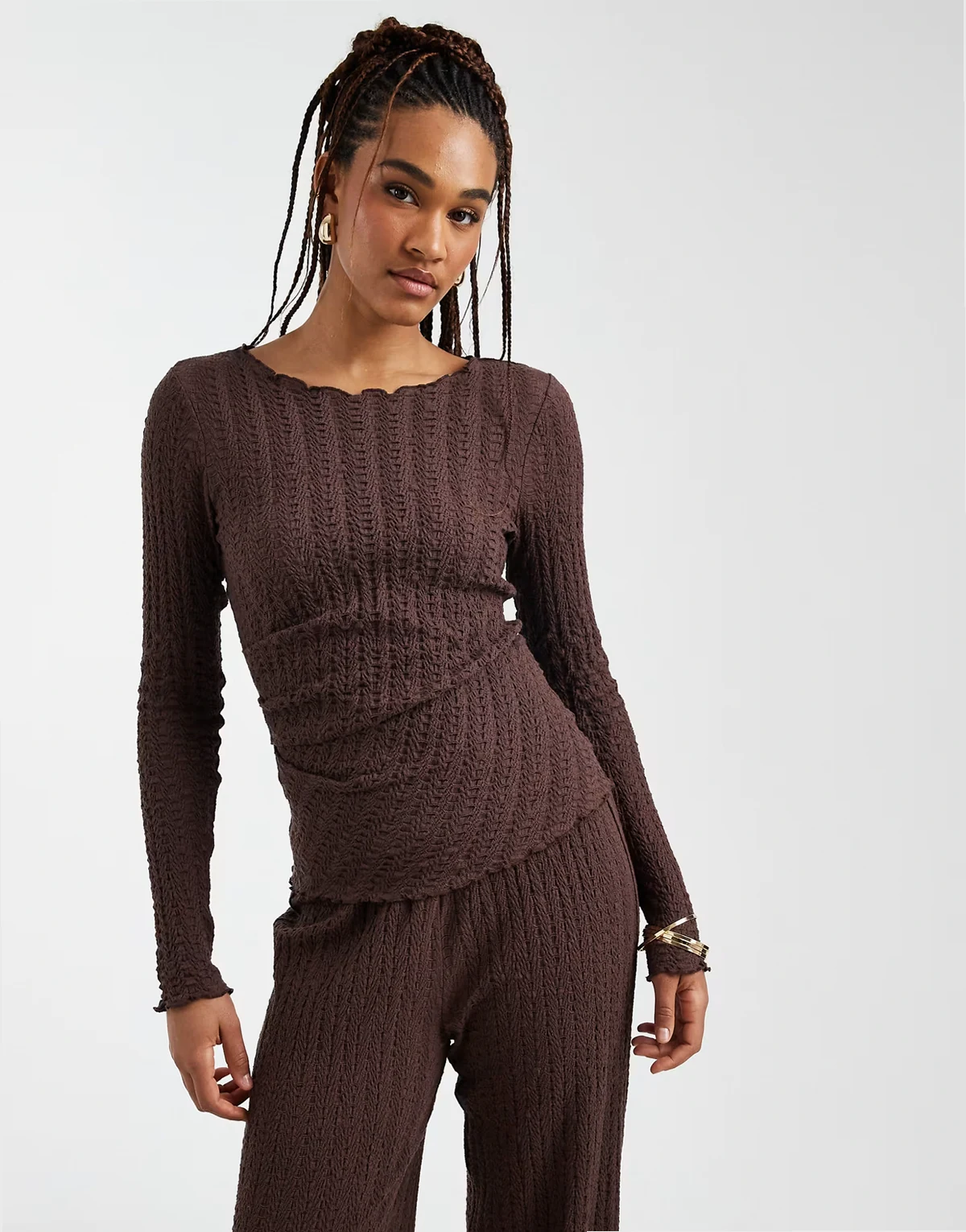 long sleeve top with ruched detail in chocolate - part of a set