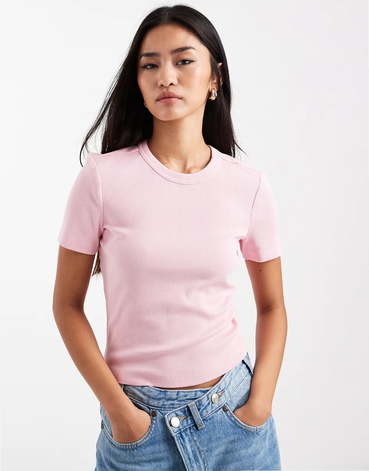 – Geripptes T-Shirt in Rosa