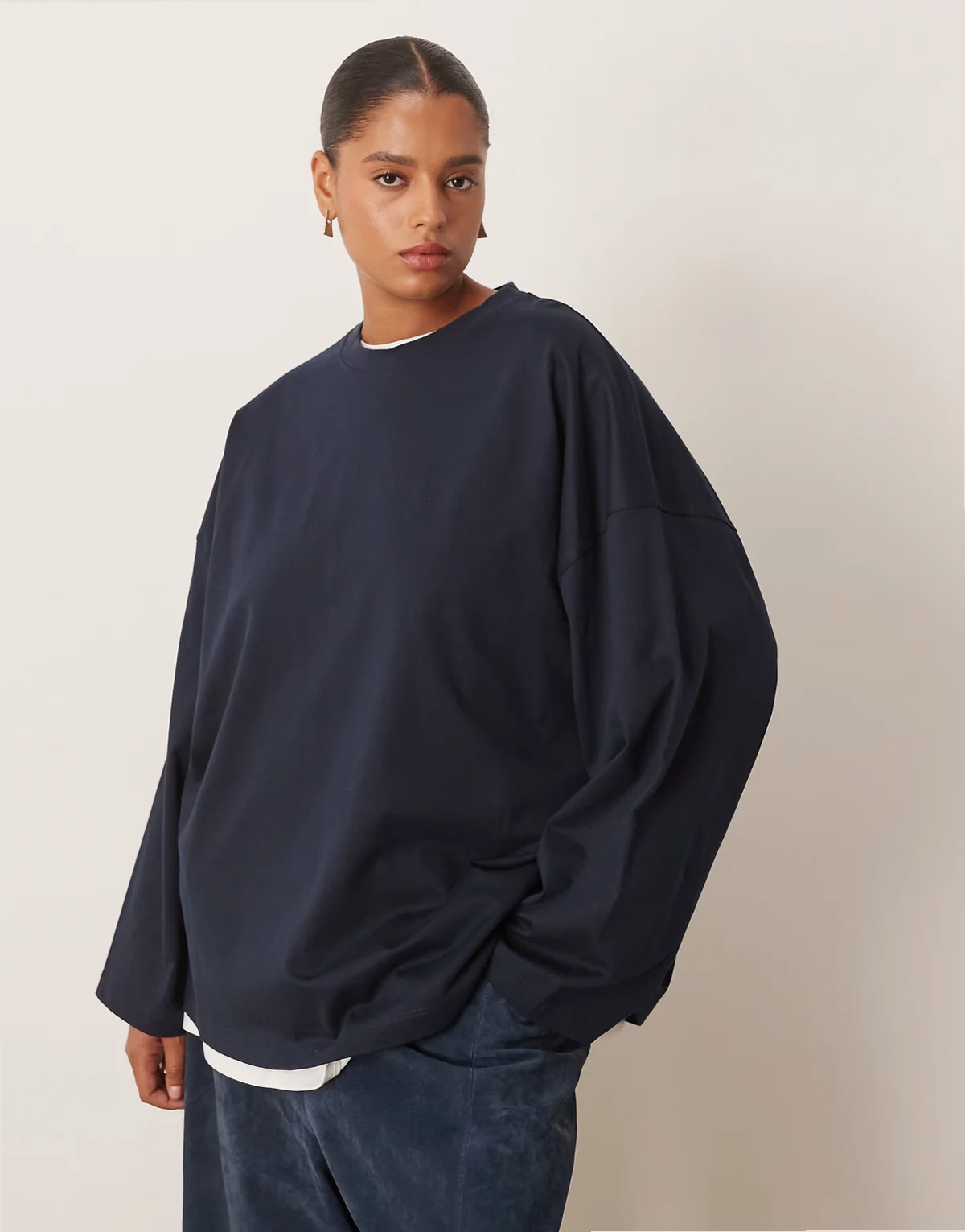 Curve cotton oversized long sleeve T-shirt in in navy