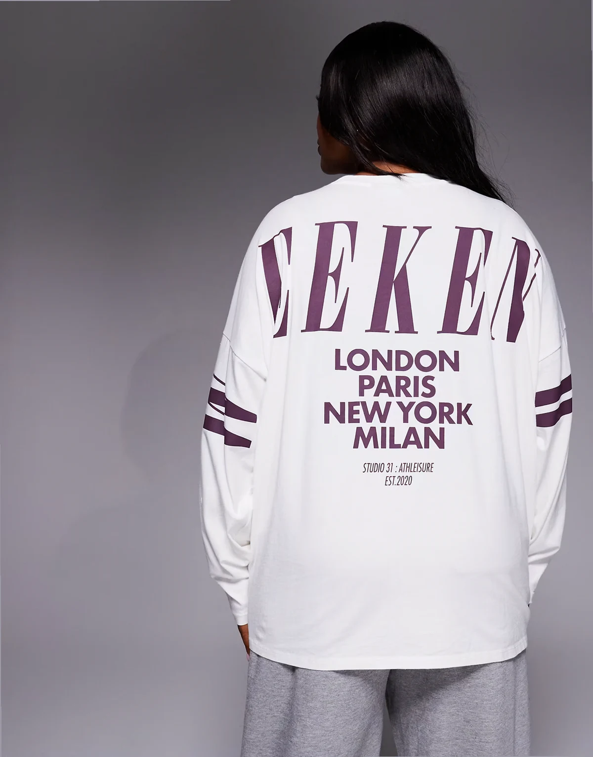 Weekend Collective Curve Icon long sleeve T-shirt with stacked back logo in cream and plum