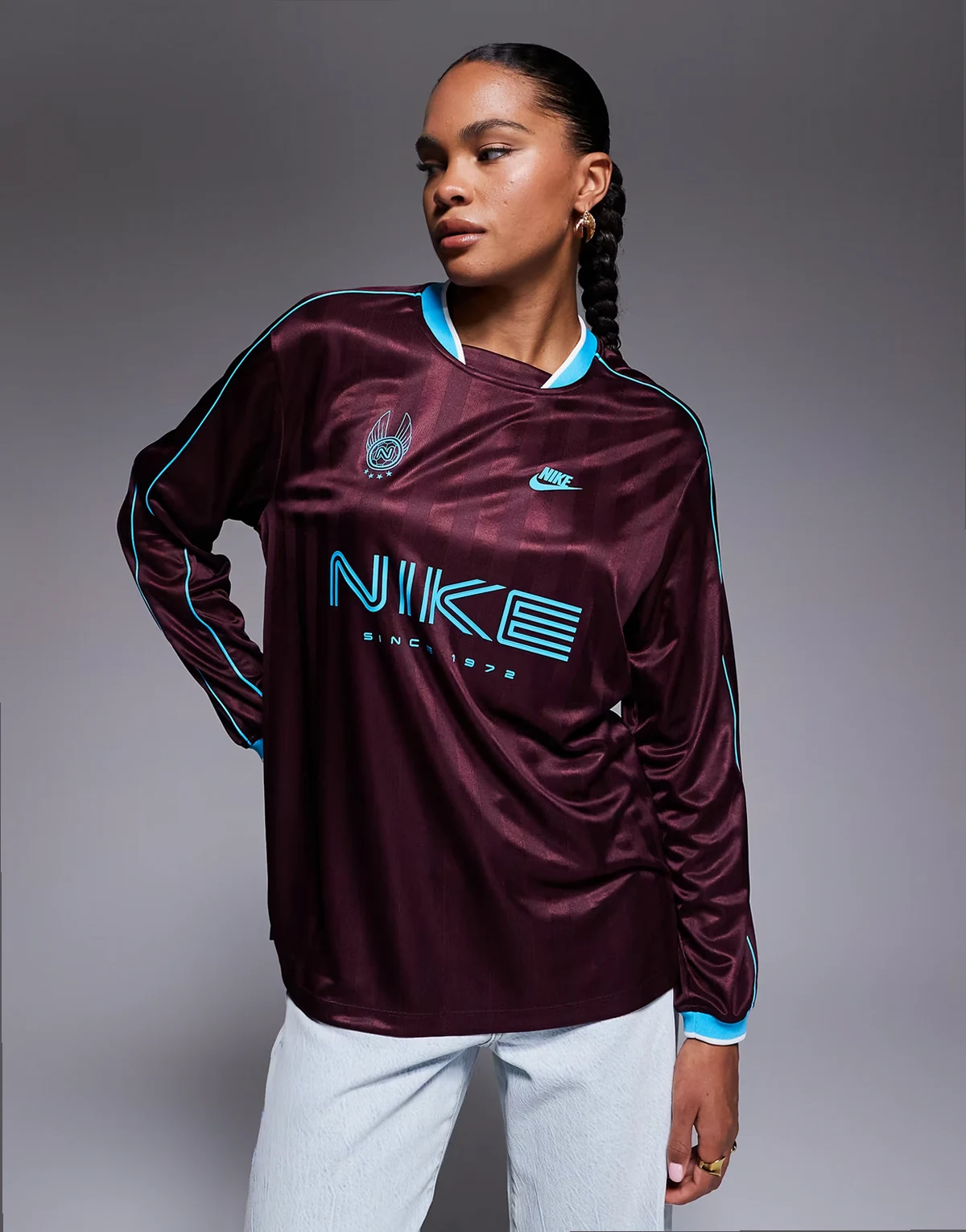 long sleeve jersey in bugundy and blue