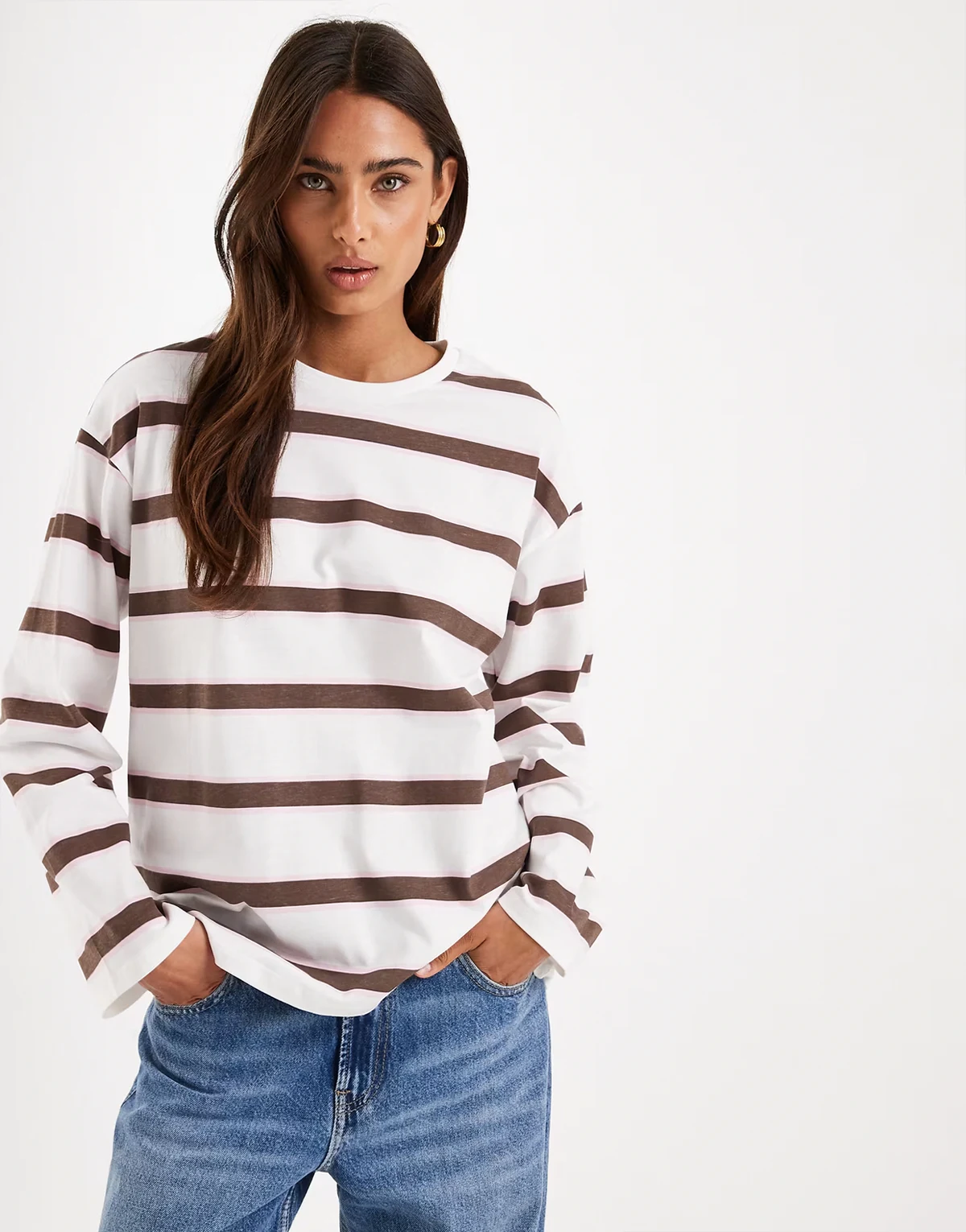 oversized rugby stripe long sleeve T-shirt in chocolate multi stripe