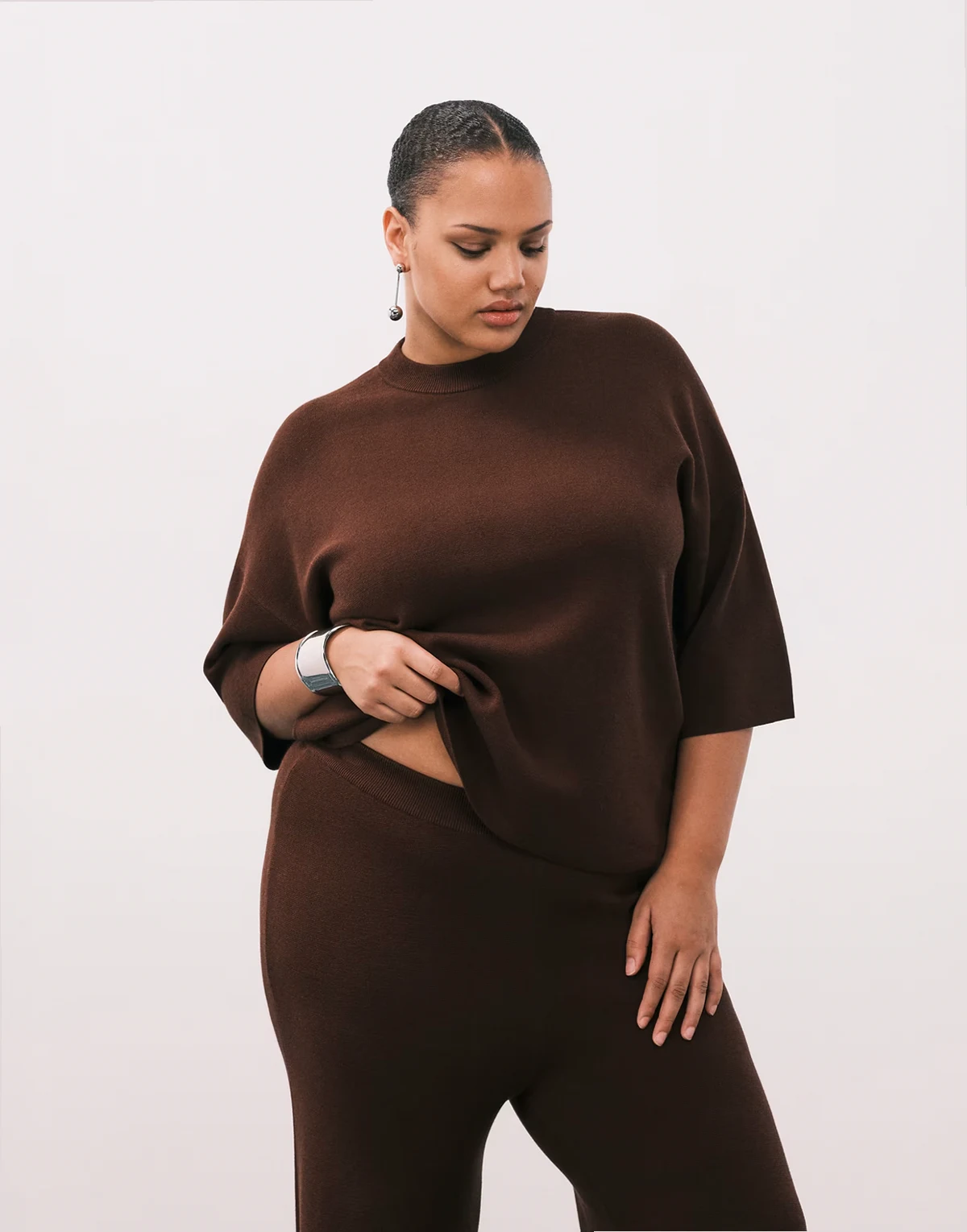 ASOS DESIGN Curve knit compact structured oversized T-shirt in chocolate - part of a set