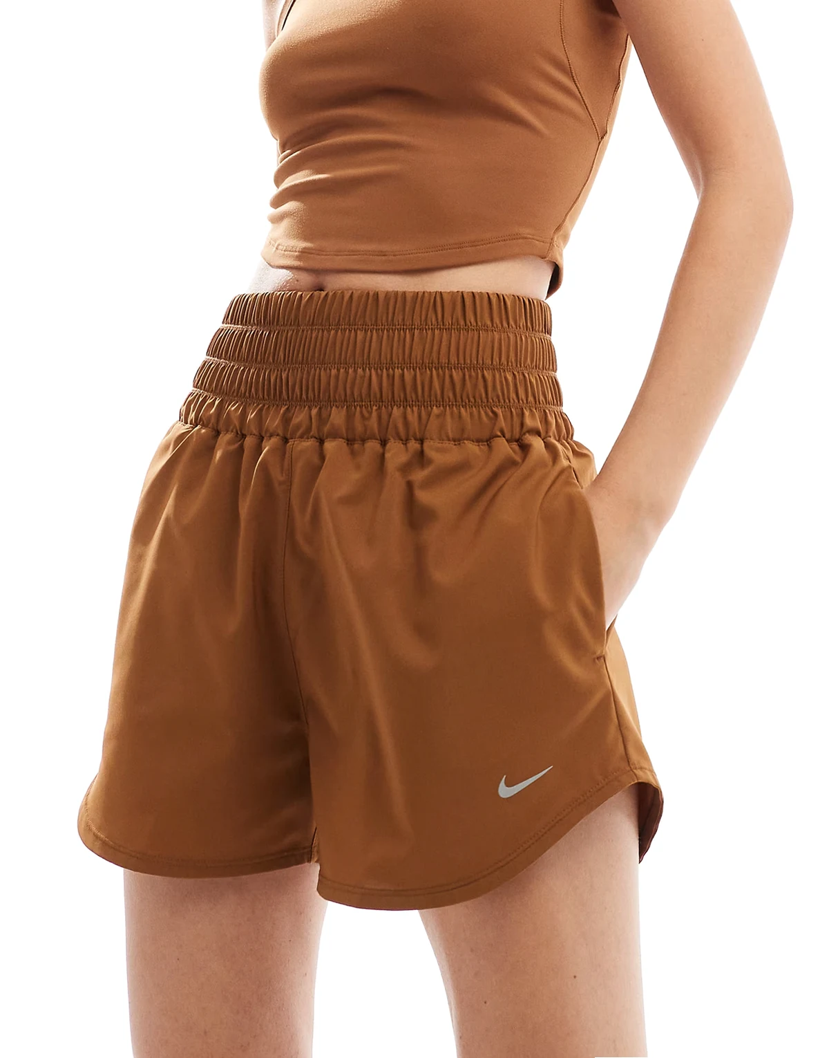 One high rise 3 inch shorts in tan