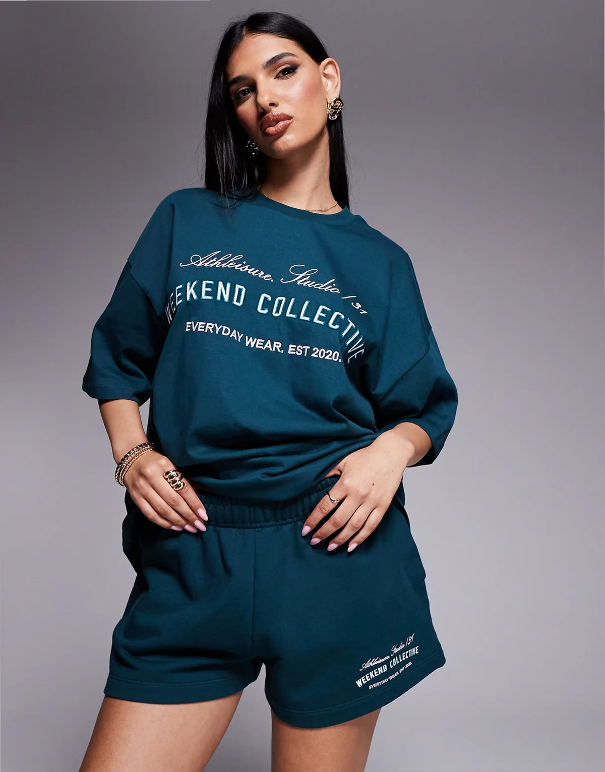 Weekend Collective shorts with embroidered logo in green - part of a set