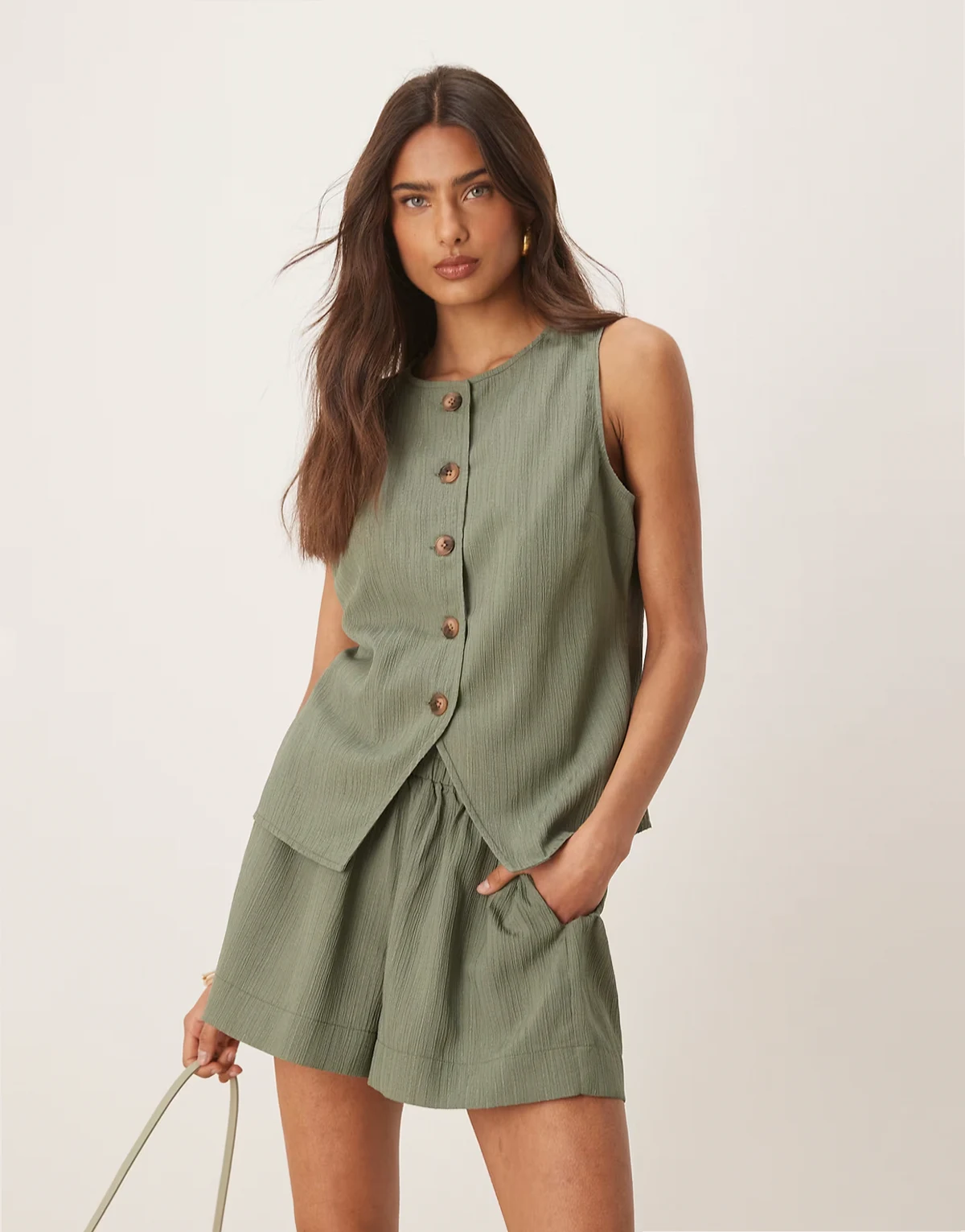 crinkle pull on shorts in olive green - part of a set