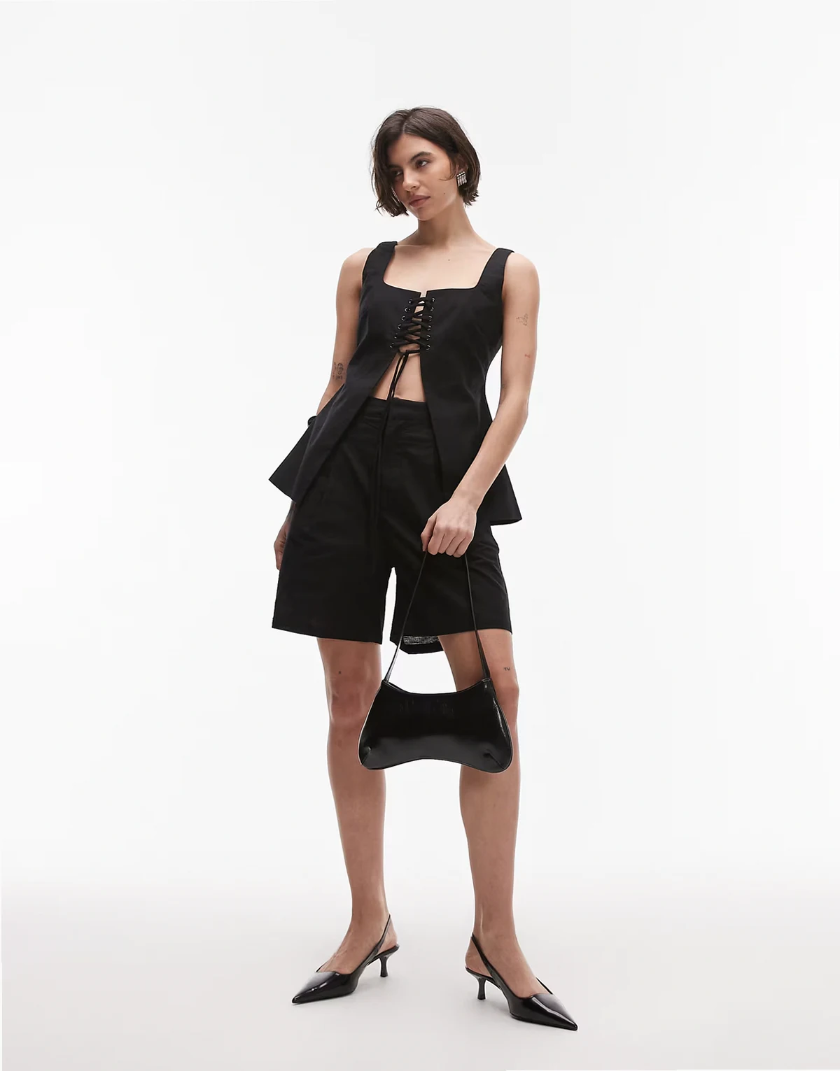 linen blend longline shorts in black - part of a set