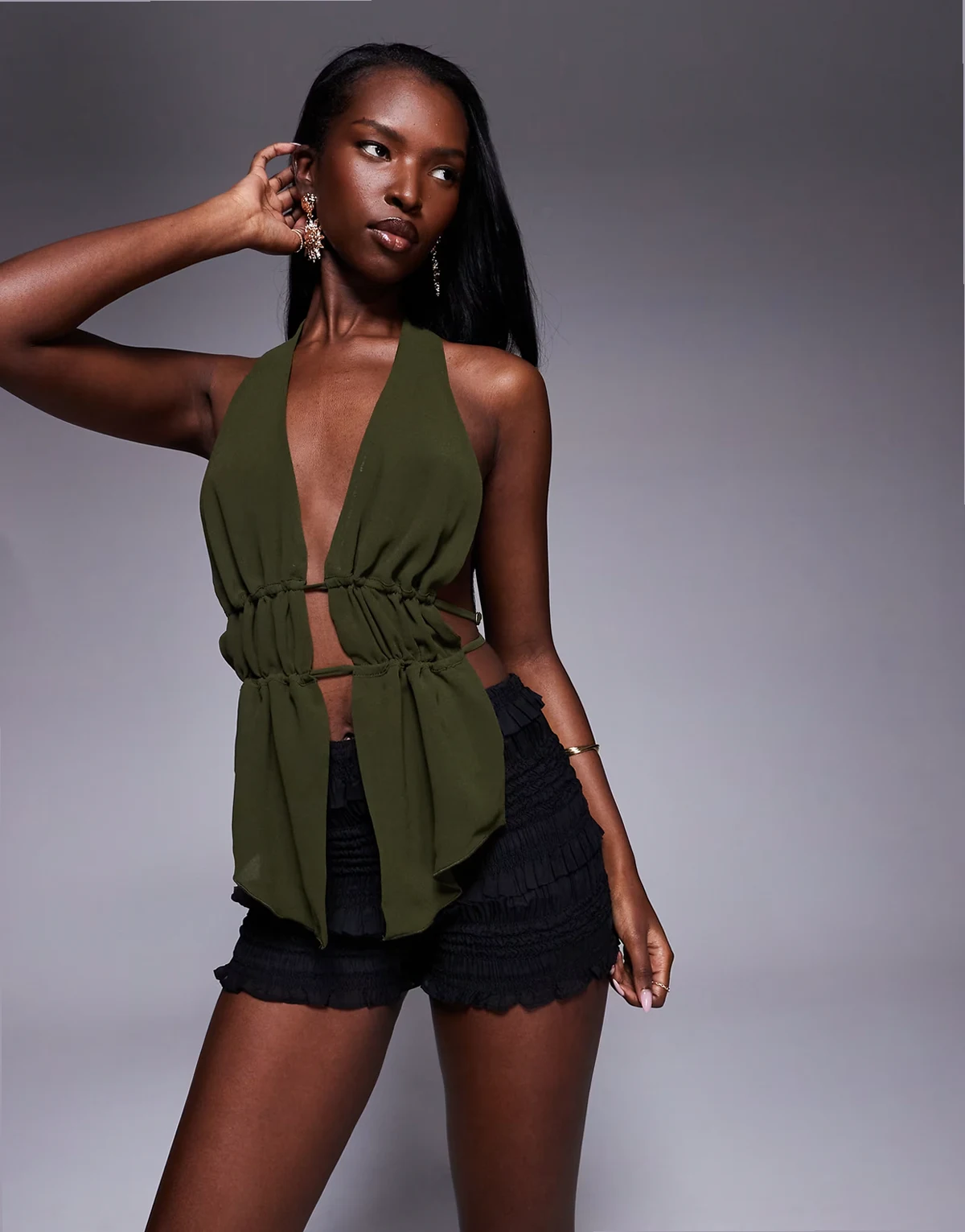 Orla shirred ruffle micro shorts in black