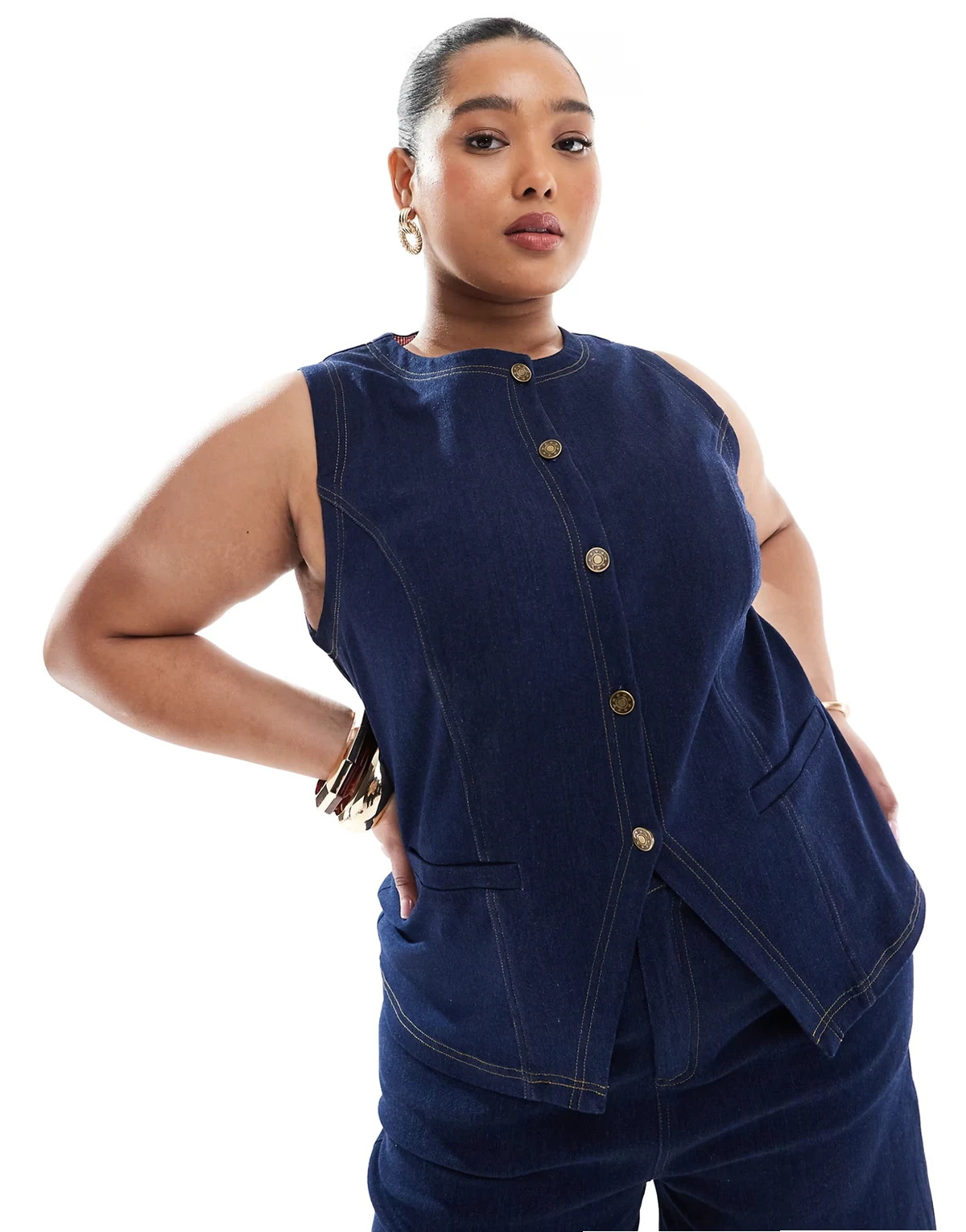 Exclusive button front vest & jorts set in dark wash denim