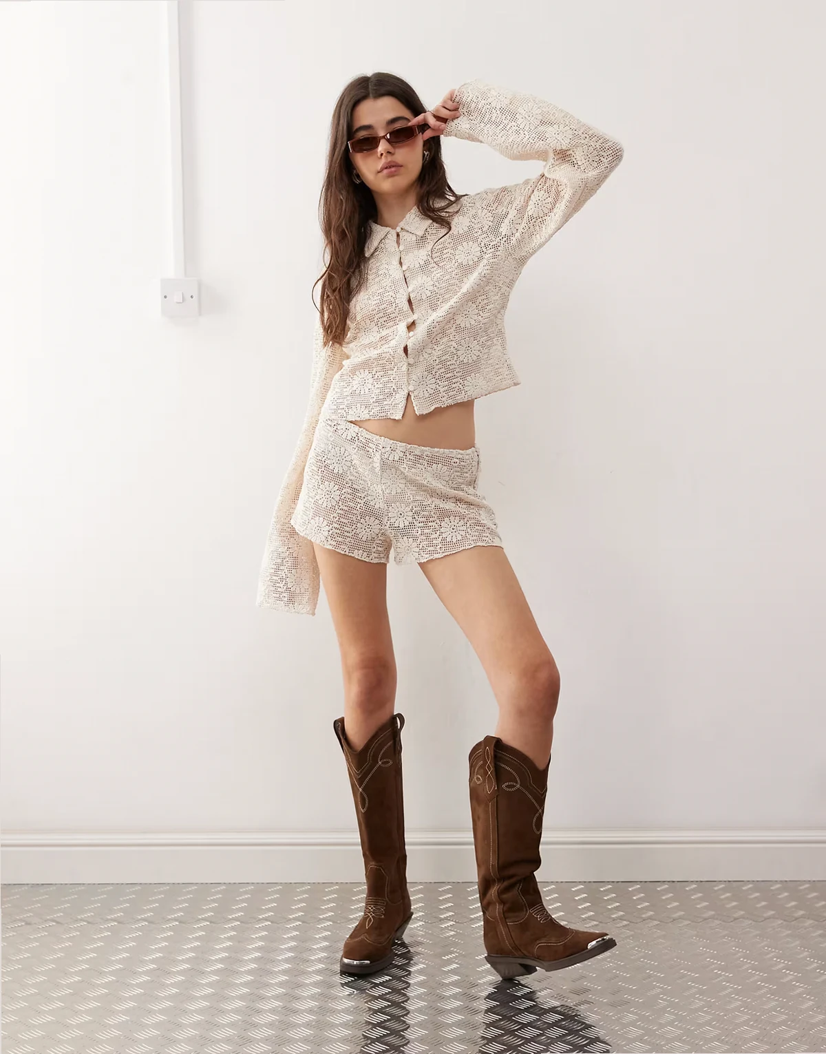 Babydoll floral crochet low rise shorts in cream - part of a set