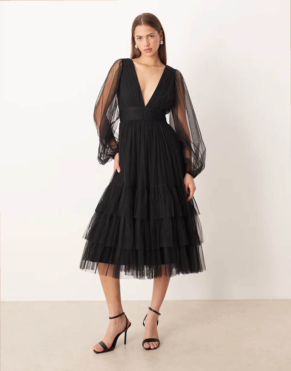 Bridesmaid Madison deep v-neck sheer bell sleeve tulle midi dress in black