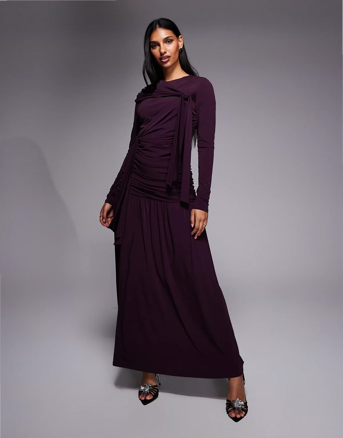 ruched tie detailing maxi dress in merlot