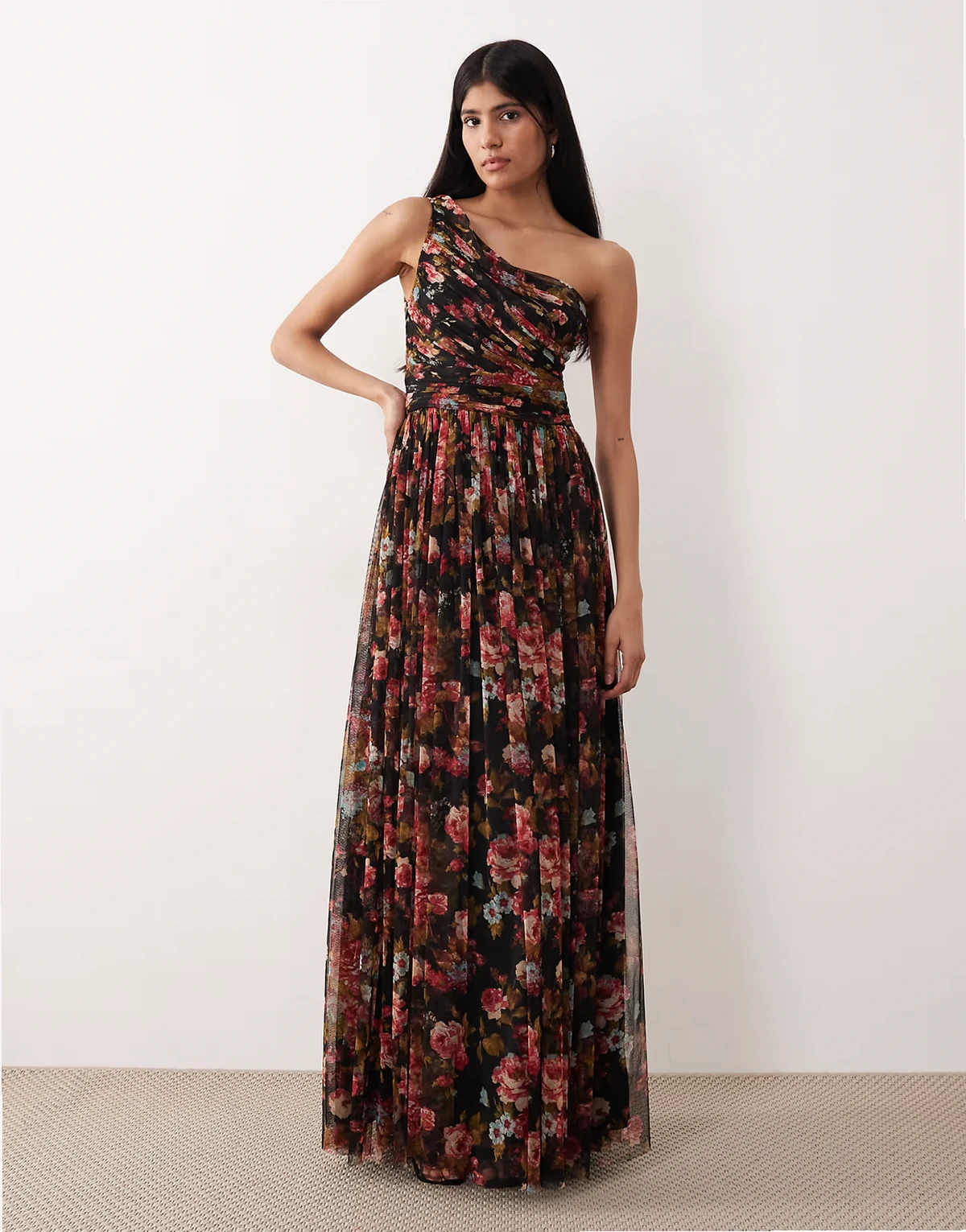 Bridesmaid tulle one shoulder maxi dress in black floral print