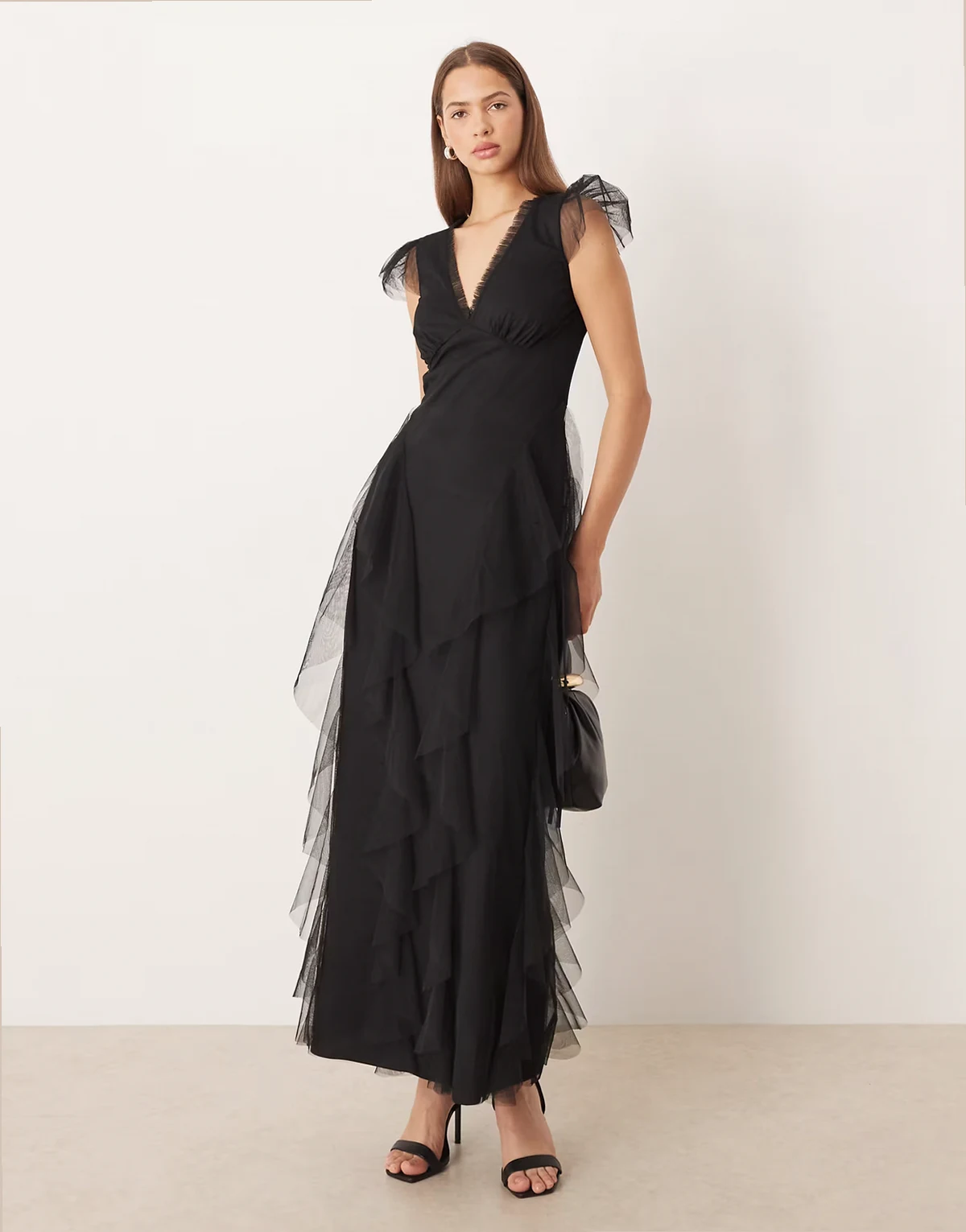 Bridesmaid sheer cap sleeve ruffled maxi dress in black