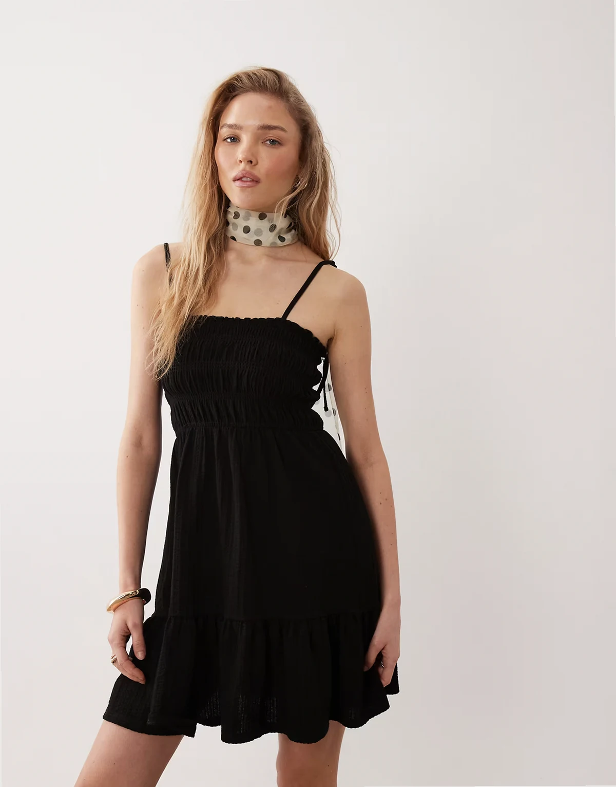 shirred cami mini dress in black