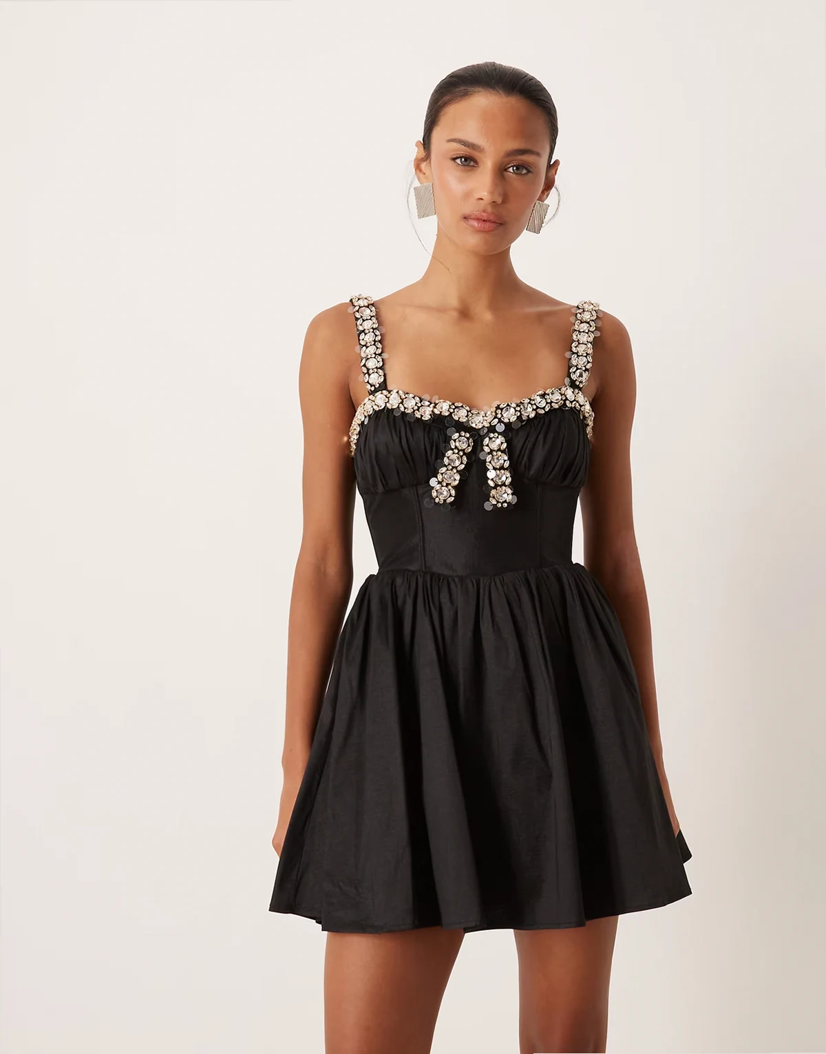 rhinestone trim mini dress in black