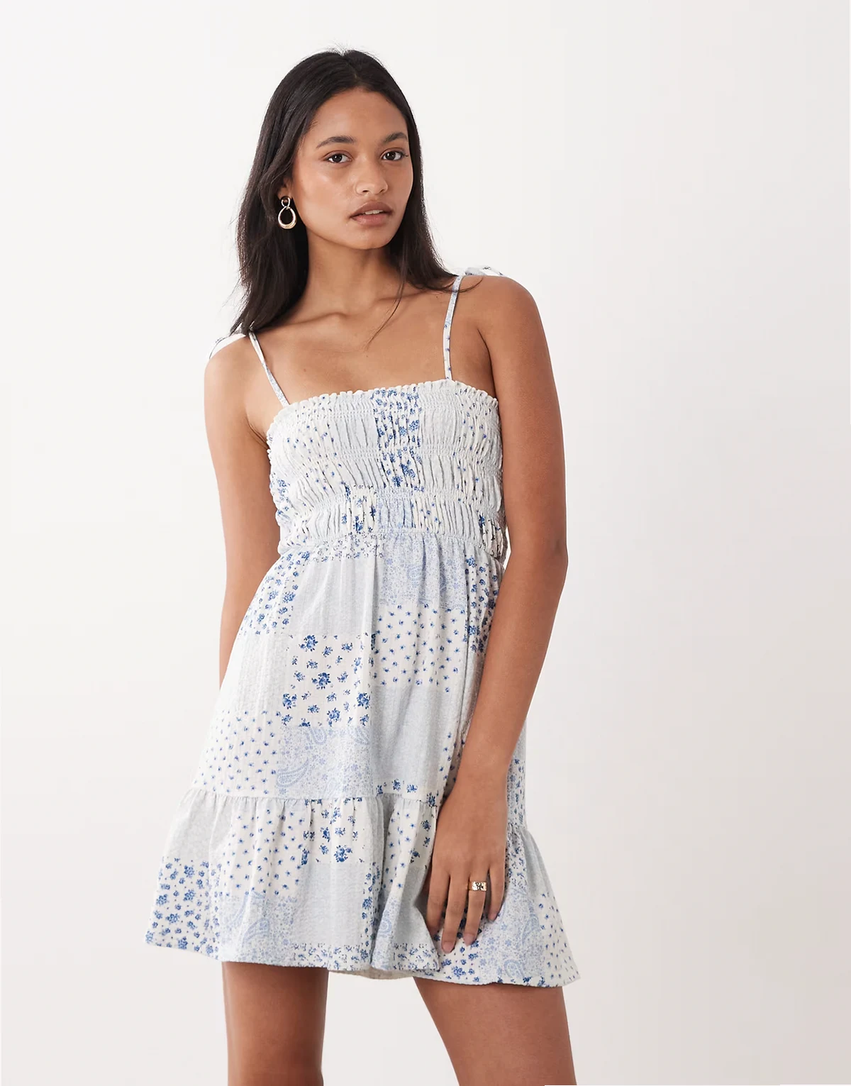 shirred cami mini dress in patchwork print
