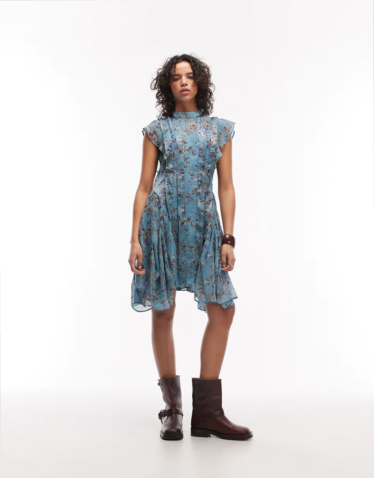 fleur floral ruffled mini dress in lake blue