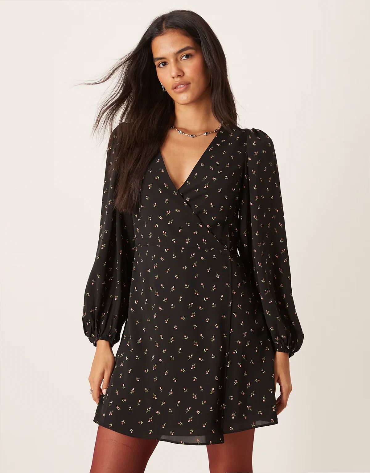 70s puff sleeve V-neck mini dress in multi floral